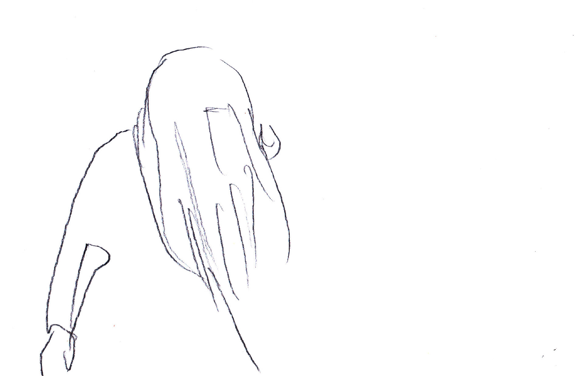 The body is on the left side of the image. The torso and wig are in view and the rest of the body is cropped at the waist. The left hand is raised and hidden behind the wig. The face is also hidden behind the wig.