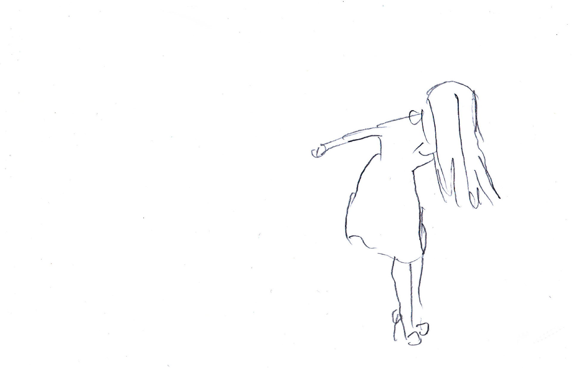 This is a still image from the animation, It"s ok. The background is white with a thin pencil outline drawing of Sarah Hill's body in a dress, long wing and stiletto high heels about to jump. The figure appears on the far right side of the image.