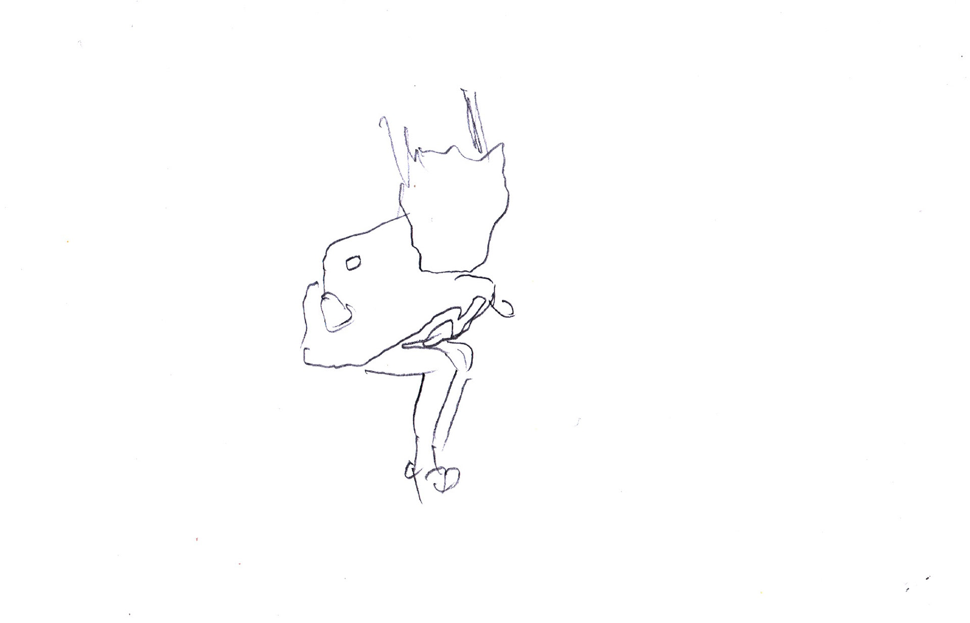 The body is in mid jump the legs are together and bent. The hair is one big mass where the head should be. The dress is flying upward and the under part of the dress is exposed. The Body is in the center of the image.