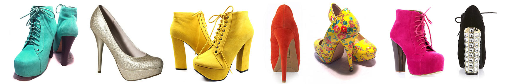 This is a line of shoes that were used by artist Sarah Hill to perform I'm Fine. From right to left I will describe the shoes: A blue teal six inch heel that is also a bootie, Next a gold sparkly stiletto, Two yellow suede chunky booties, A red stiletto heel, A pair of yellow stiletto heels with red and pink flowers with green leaf, a pink platform bootie and finally a black platform bootie with crystal jewels encrusted on the heel.