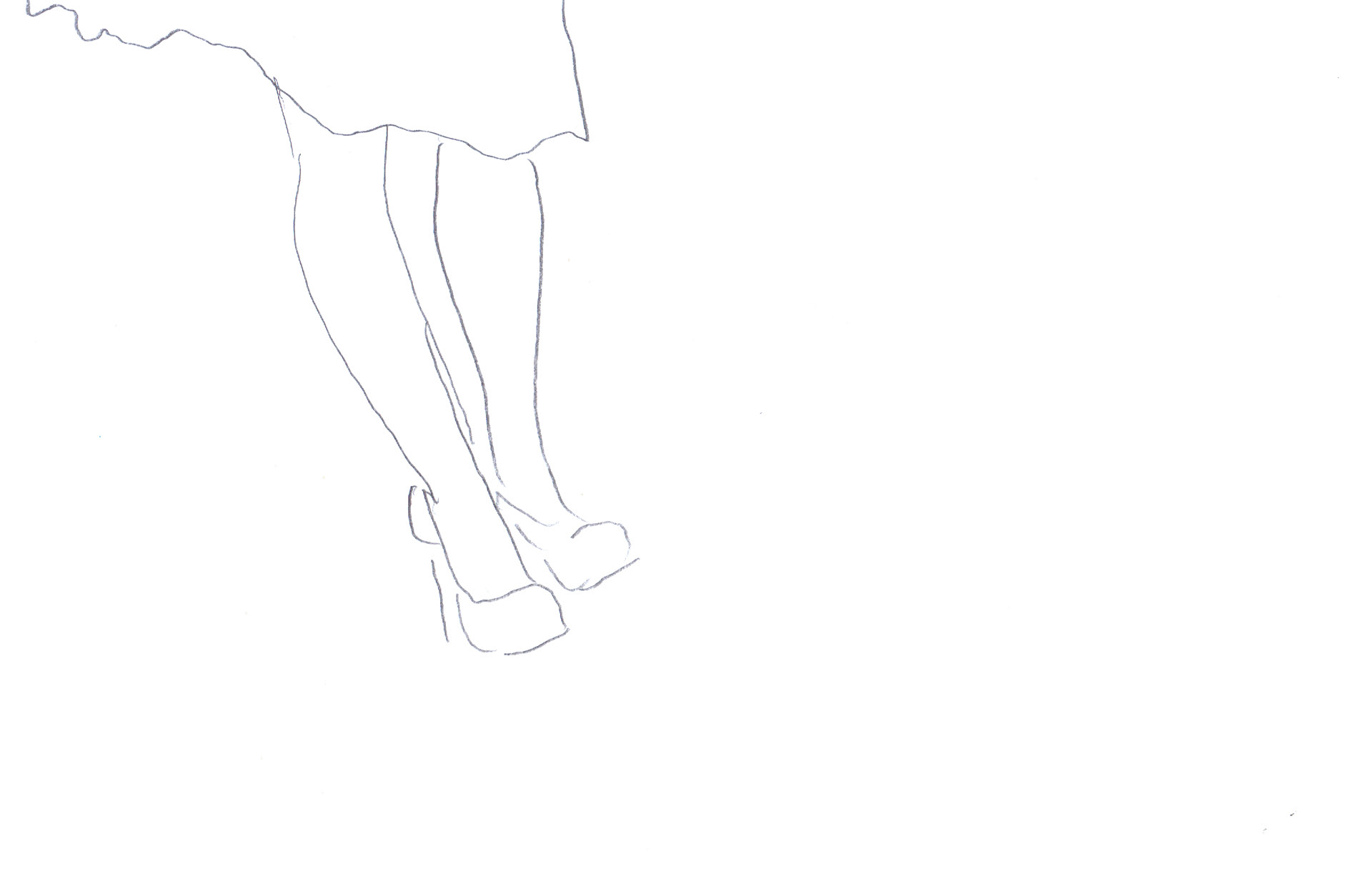 The lower half of the body takes up the majority of the center of the image. The bottom half of the dress, the legs and shoes all slightly tilted towards the left.