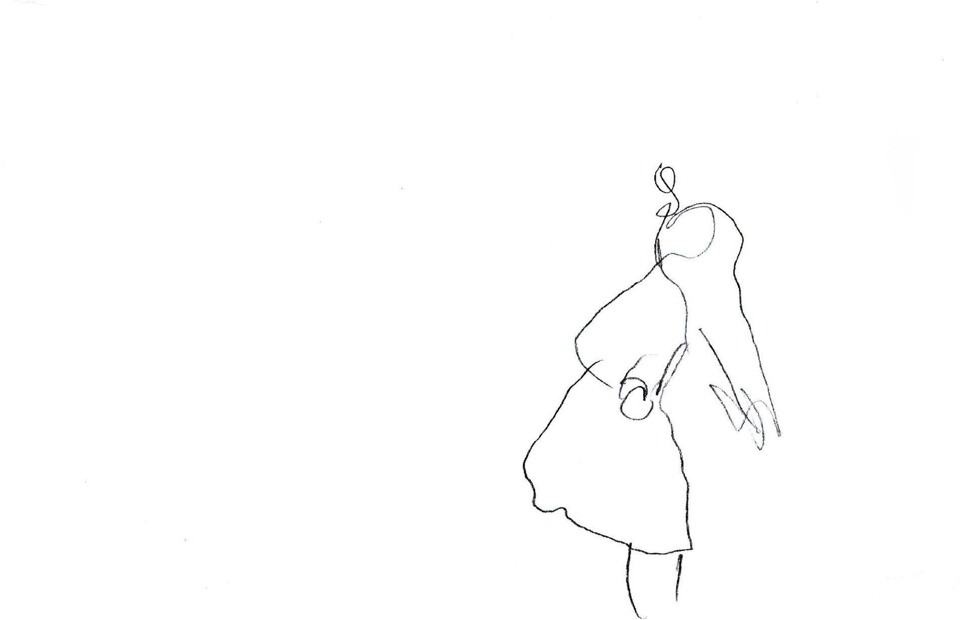 The image is cropped at the feet and both arms are in motion one arm is above the head and is hidden cause the body is being drawn from a side view. The body appears on the far right of the image.