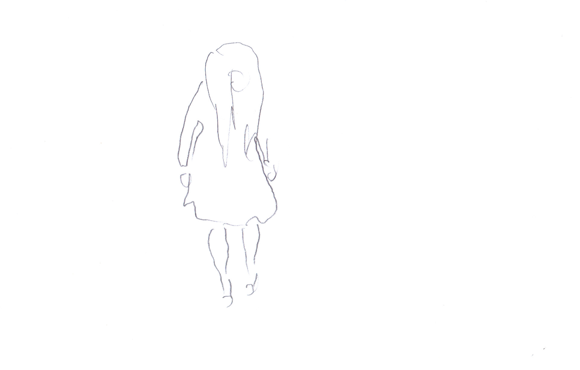The body is in the center of the image and is a full view. For the first time we are able to make out an oval for the face. The hands are by the side of the body and the body looks calm.