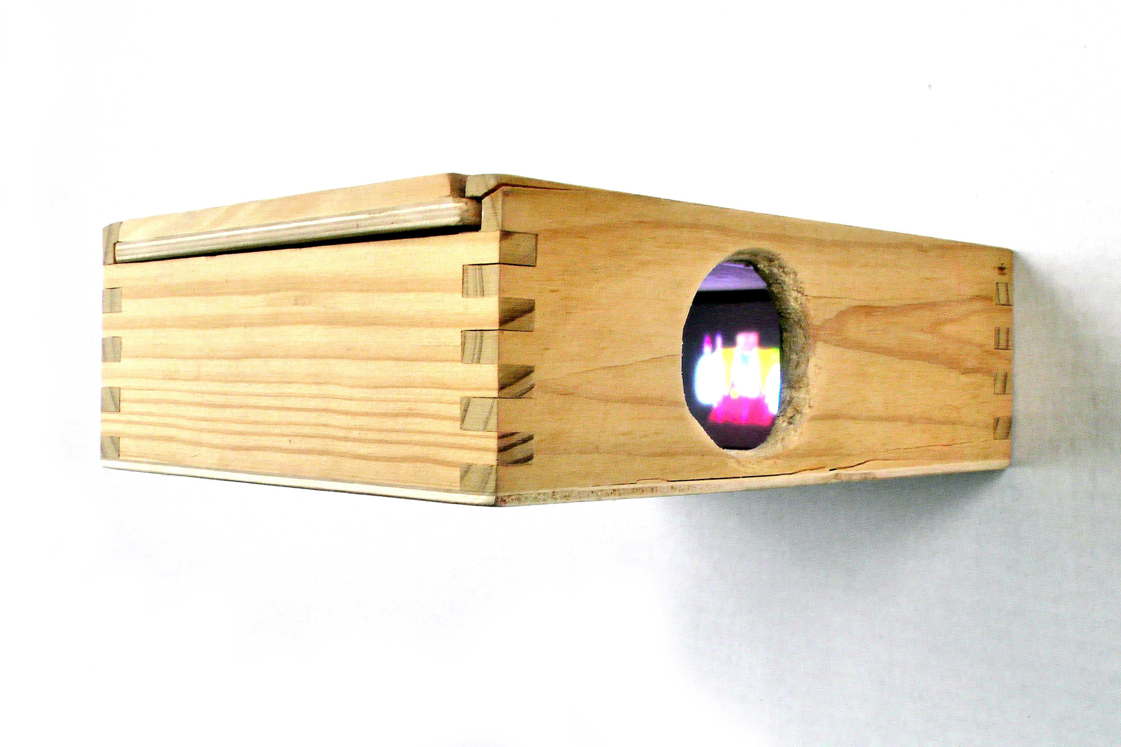 A tiny wooden box measuring 8' x 6' x 2' with a small hole in the side of the box for viewing. The video projection is 1.5' x 1.5' inside the box. A side view with an hole cut out of the side. Inside the box there is a small projection of the video failure in truth.