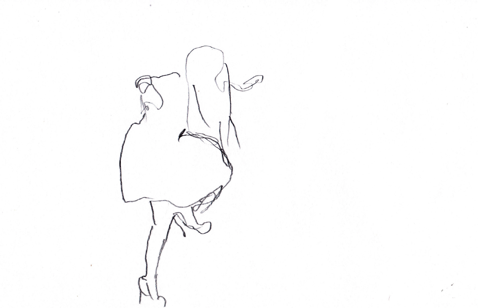 This is a still image from the animation, It"s ok. The background is white with a thin pencil outline drawing of Sarah Hill's body in a dress, long wing and stiletto high heels with one leg on the ground and the other leg raised up in the air about to stomp the ground. The figure appears on the left side of the image.