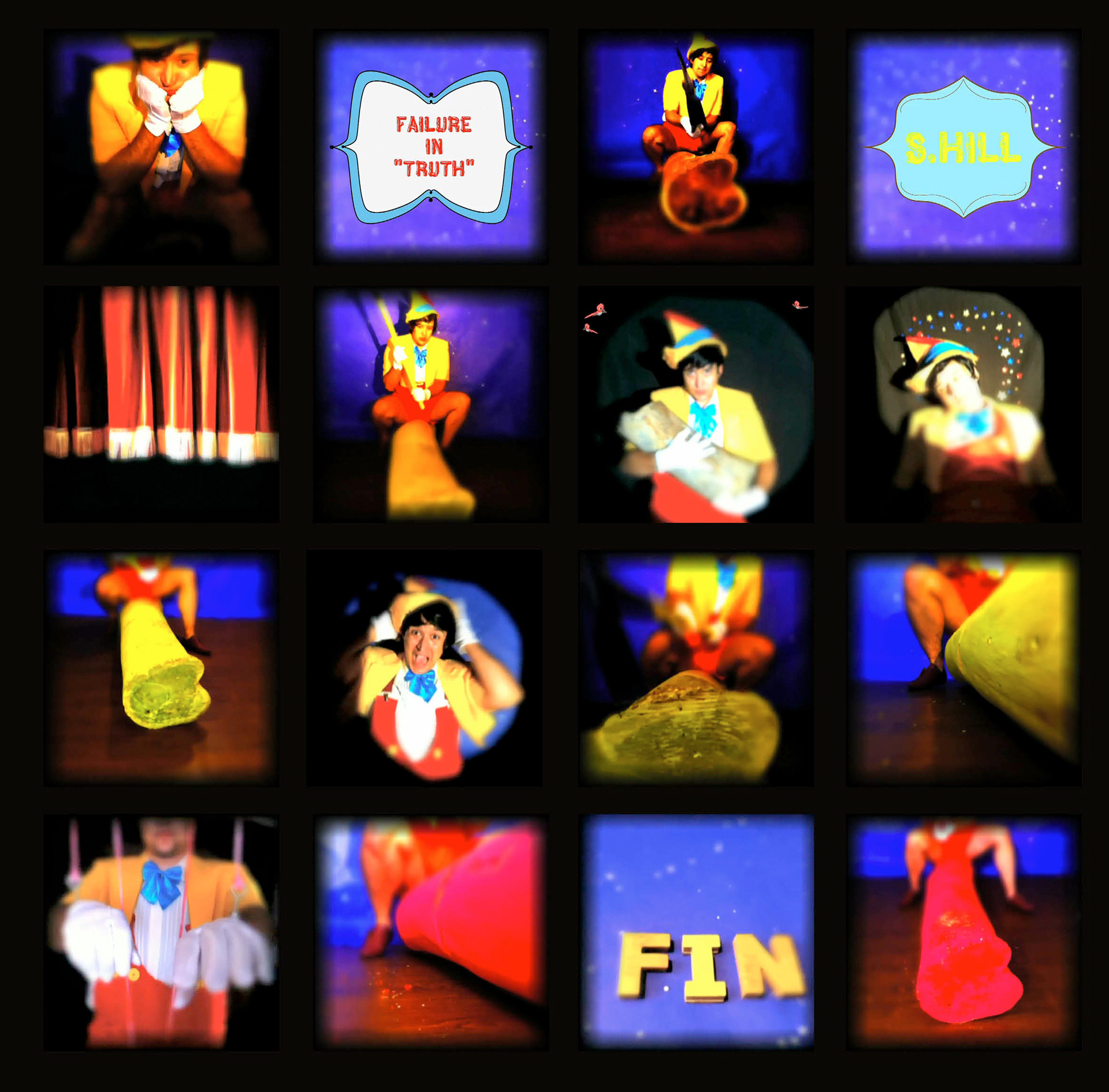 This image is a grid of images four by four. The grid shows stills from the video failure in truth at various stages. Sarah is dressed as Pinocchio and appears in multiple images, with hands underneath their chin, sitting on a large log and using an ax to try to chop it, Holding a small log like a baby, sleeping and hands with puppet strings.