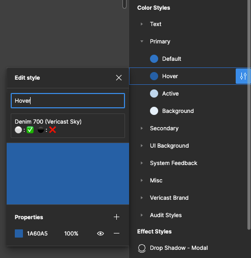 A screen capture of the style description feature, part of styles in Figma.
