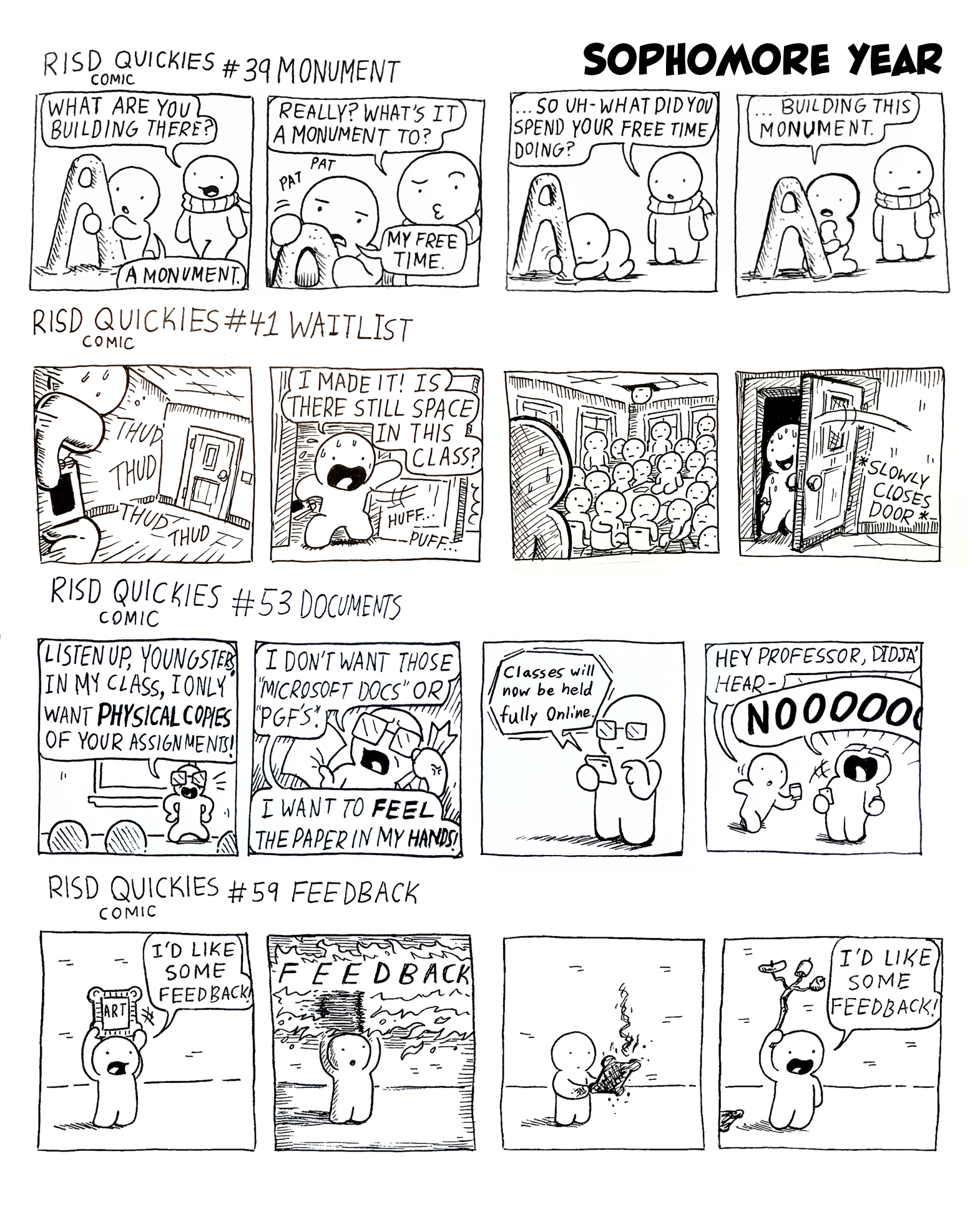 Some of the 180+ weekly comics I drew in college
