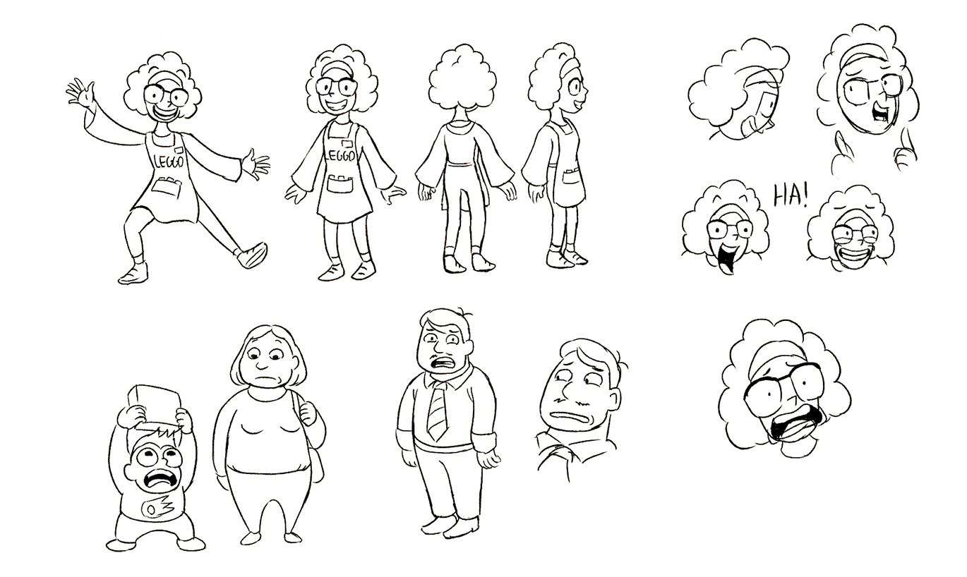 Store worker and customer sketches for a short sttoryboard