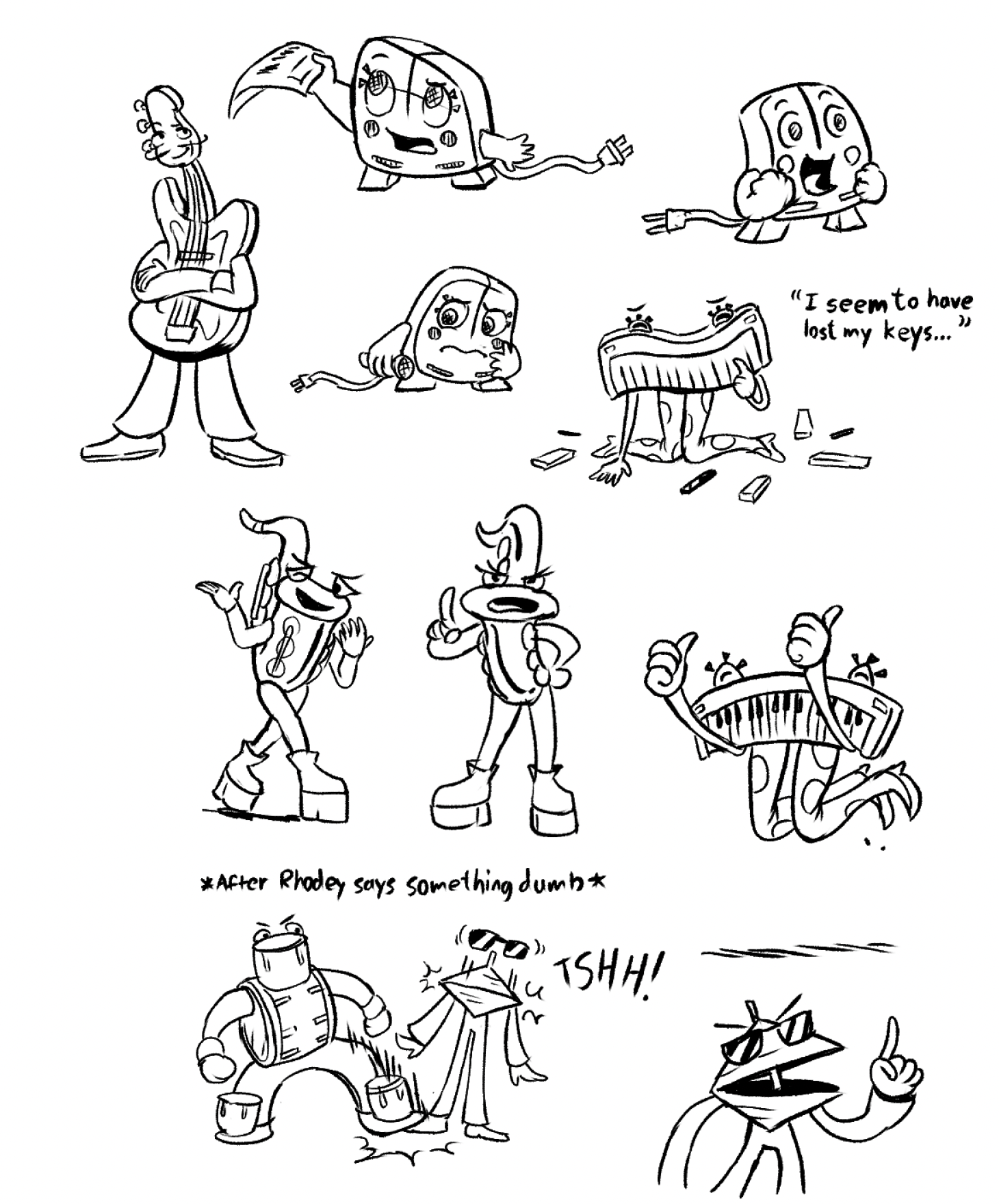 Musical instrument characters from a storyboard sequence