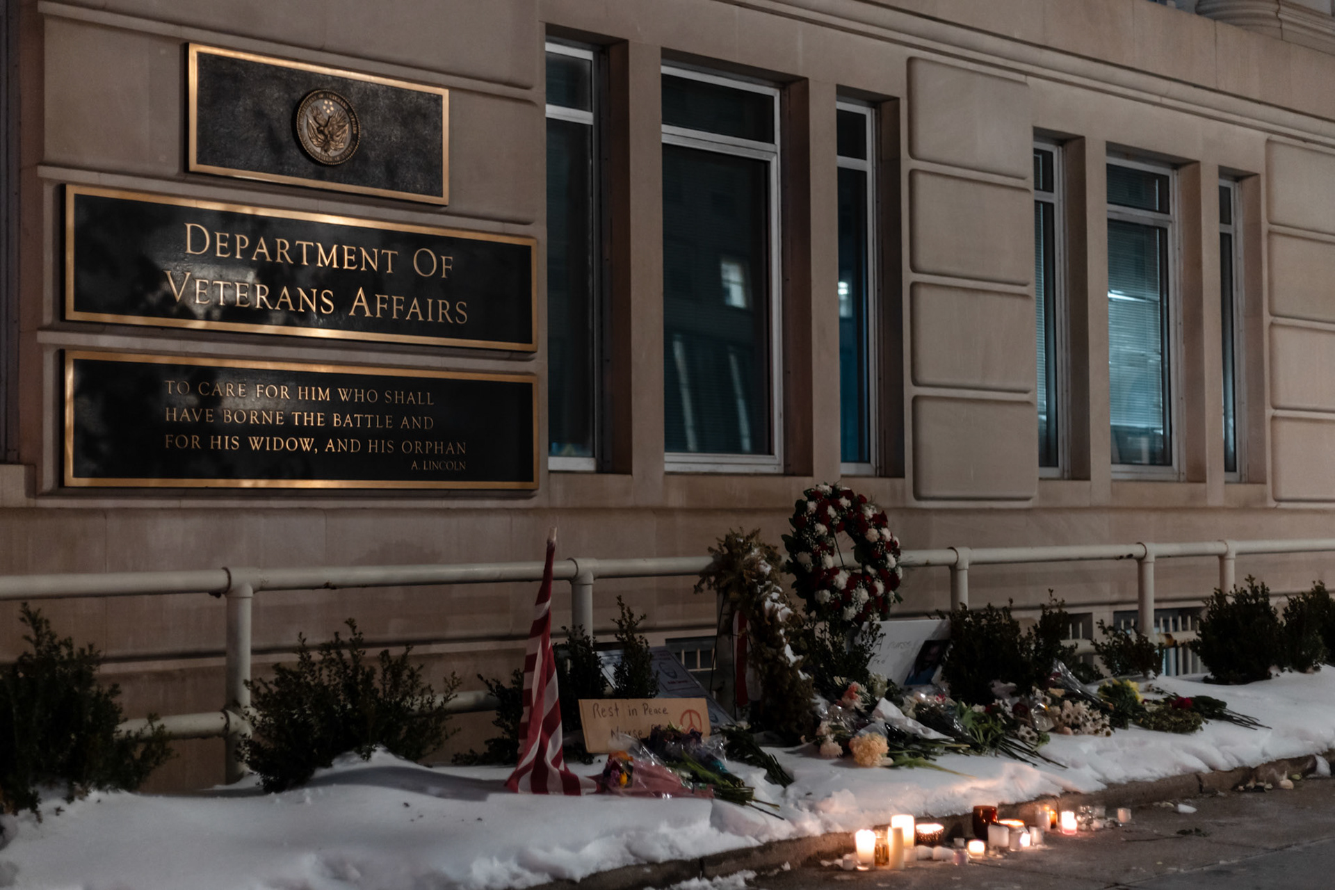 A vigil honoring Alex Pretti rests outside the Department of Veteran Affairs In Washington, D.C. on Jan. 28, 2026. A 37-year-old intensive care nurse at a VA hospital in Park Ridge, Ill., Pretti was shot and killed by federal immigration agents in Minneapolis days before.