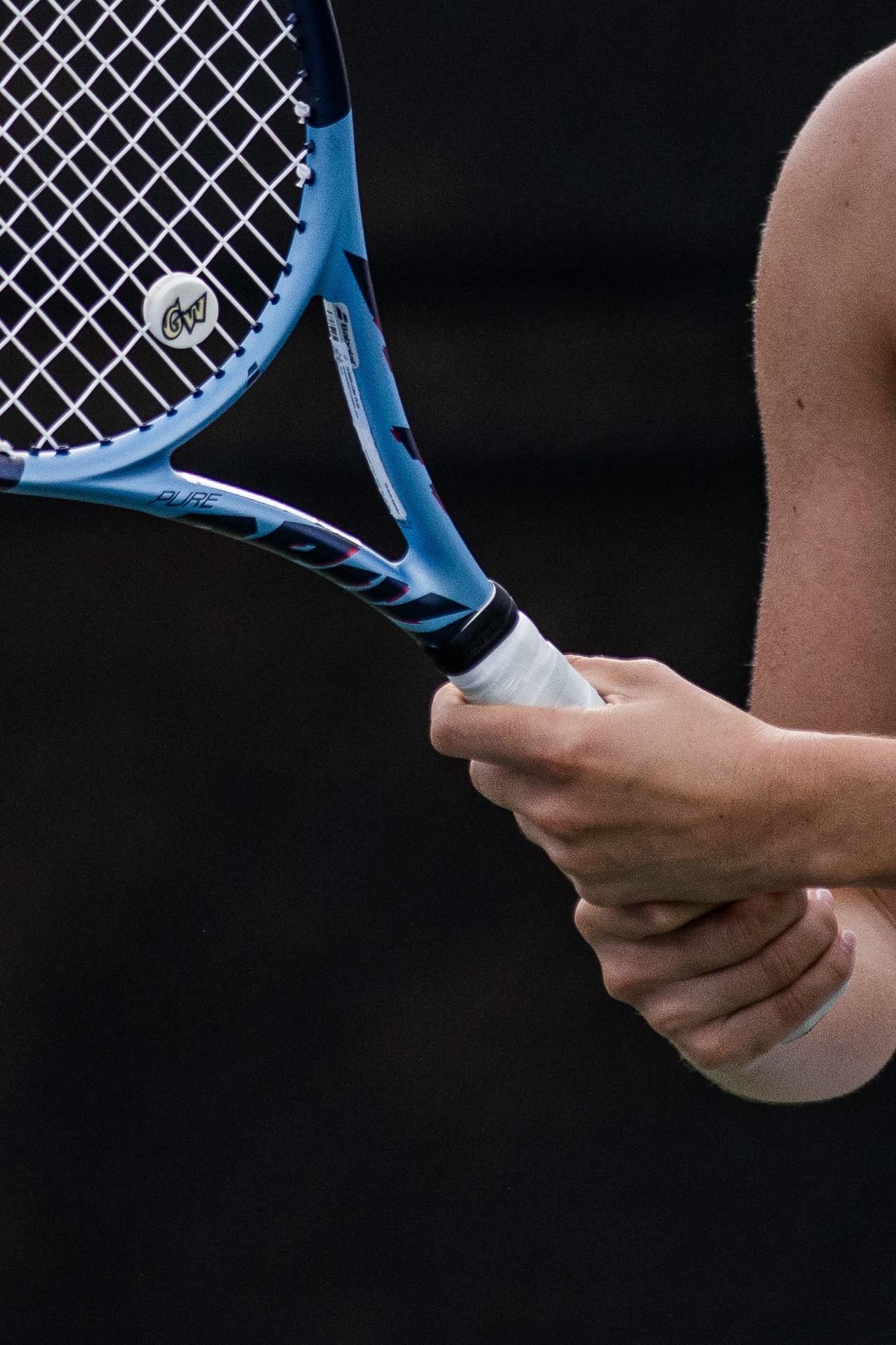 COLLEGE PARK, MARYLAND - SEPTEMBER 20: Wielding a racket adorned with a GW vibration dampener, Victoria Sasikna plays in her singles semifinals match against Loyola University Maryland’s Christine Richie at the Bedford Cup in College Park, Md. on Sept. 20, 2025. Sasinka won against Richie in straight sets before falling to her opponent in the finals.