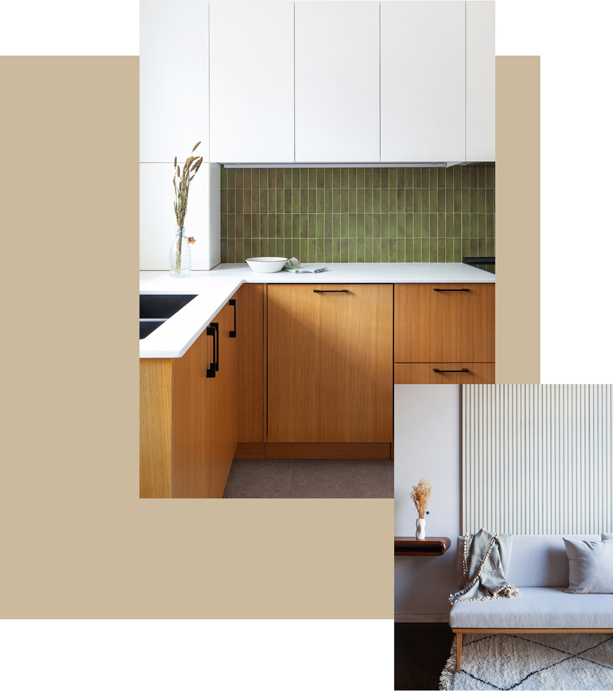 Cuisine moderne avec un dosseret vert, un comptoir en quartz blanc et des cabinets en bois et blanc.