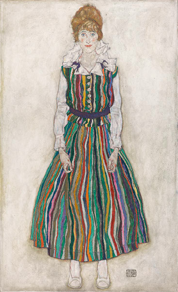 painting of a pale looking woman with red hair and rosy cheeks in a vertically striped buttoned dress worn over a white blouse. She has half open fists. The colour of her skin is similar to the background, which makes her dress even more remarkable. Her lips and cheeks have an orange hue.