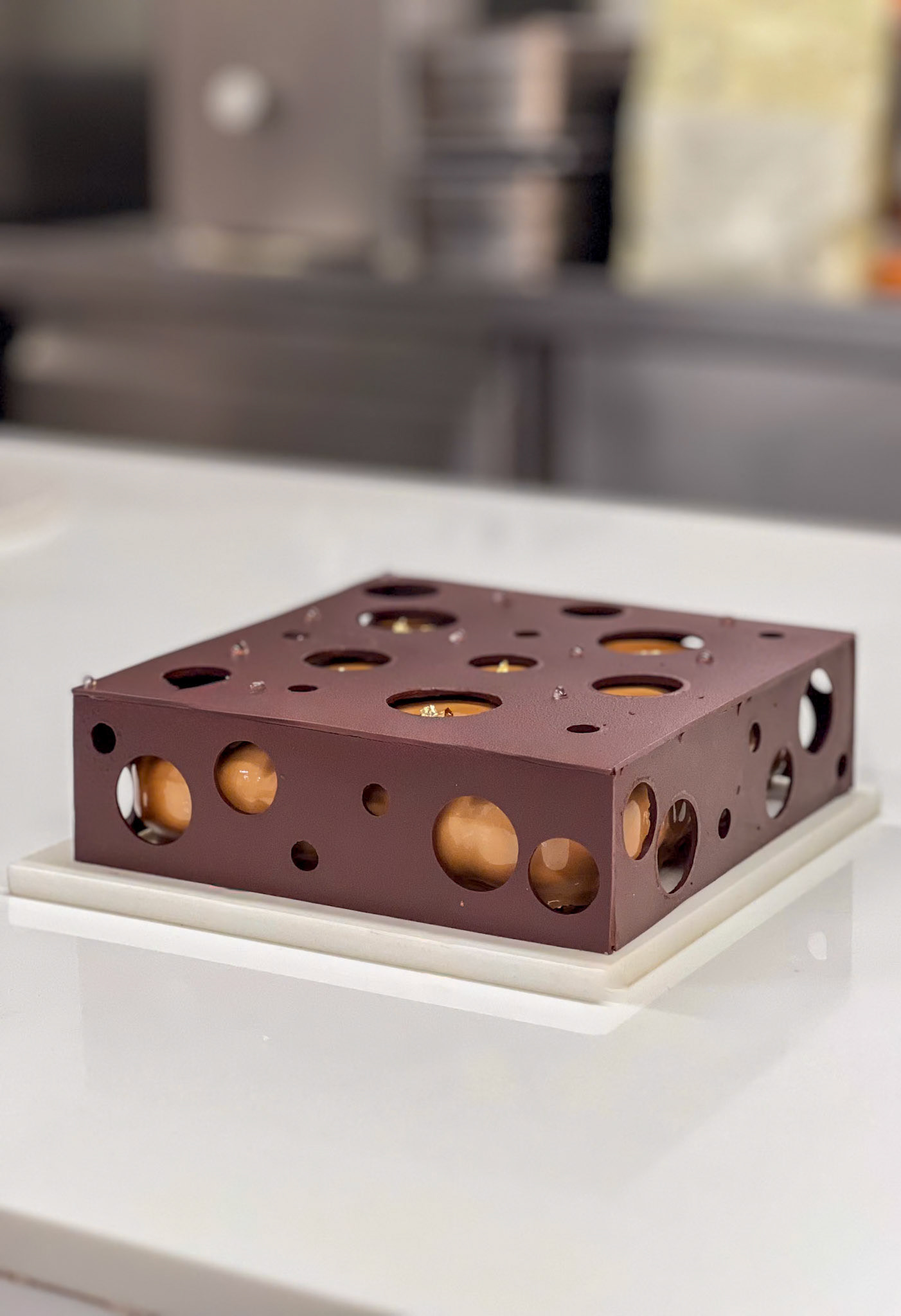 Cocoa Pain De Gene | Vanilla Coffee Creme | Coffee Mousse | Feullitine Crunch | Caramel Gold Glaze