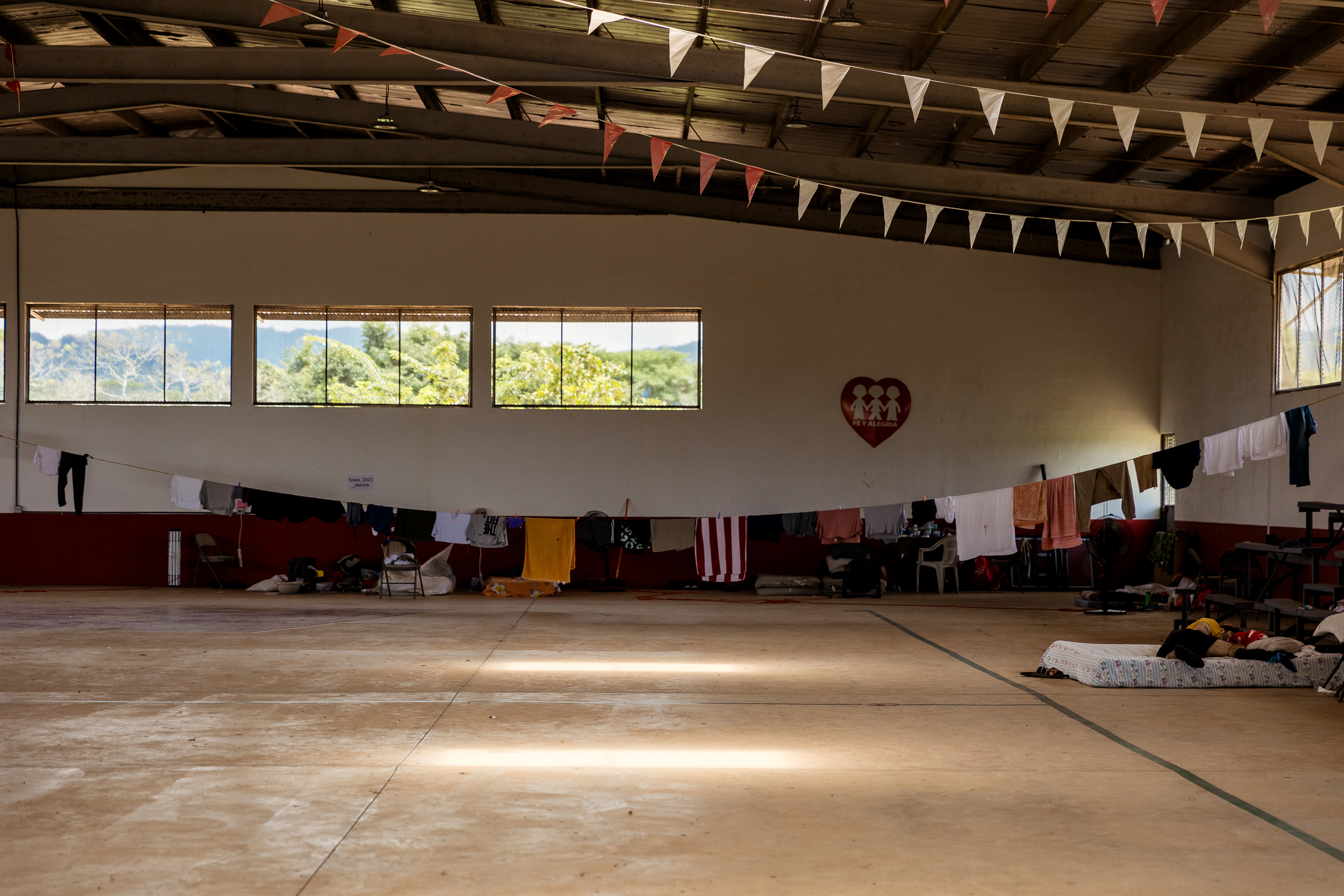 Sleeping area at the Fe y Alegría shelter, where migrants expelled from the U.S. and relocated to Panama under the Trump administration’s 2025 deportation policy are temporarily housed. Panama City, Panama. July 26, 2025.
