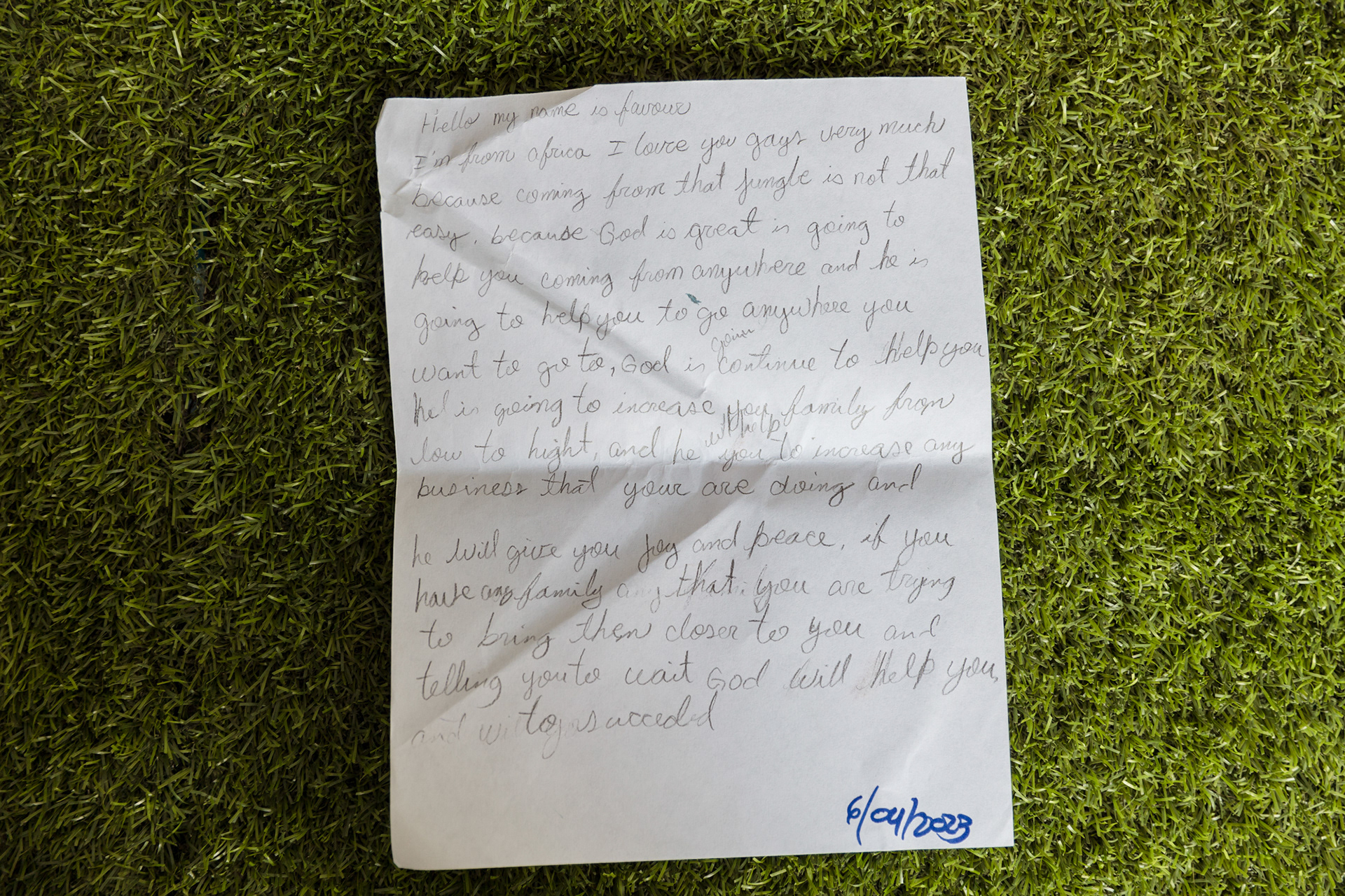 Letter written at friendly space to entertain children at San Vicente camp, Province of Darien, Panama.