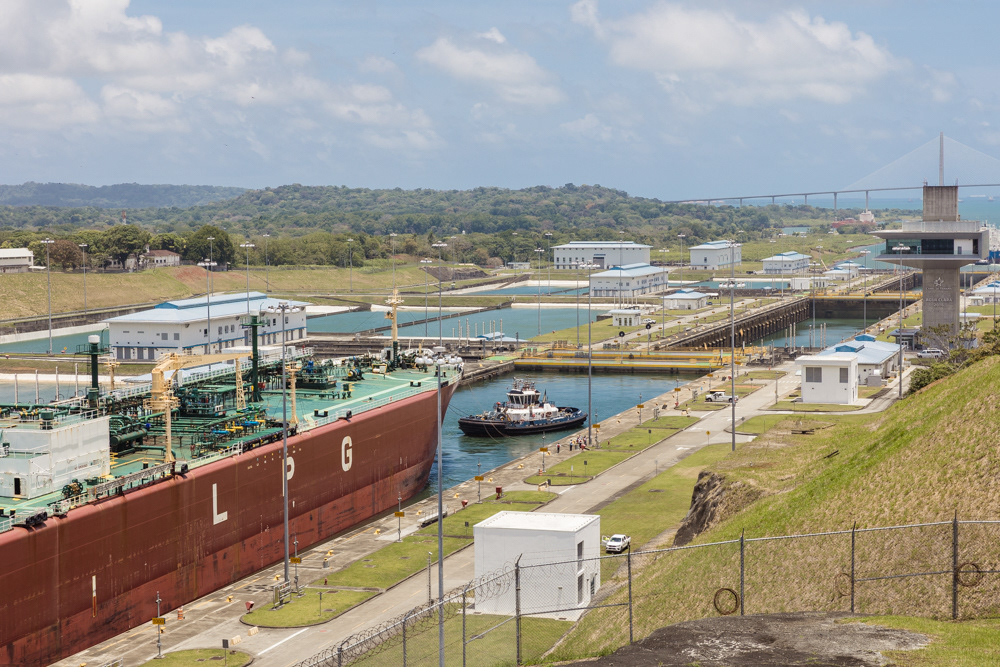 A ship transits through the Agua Clara Locks of the Panama Canal. Colon, Panama. April 8, 2025. 
