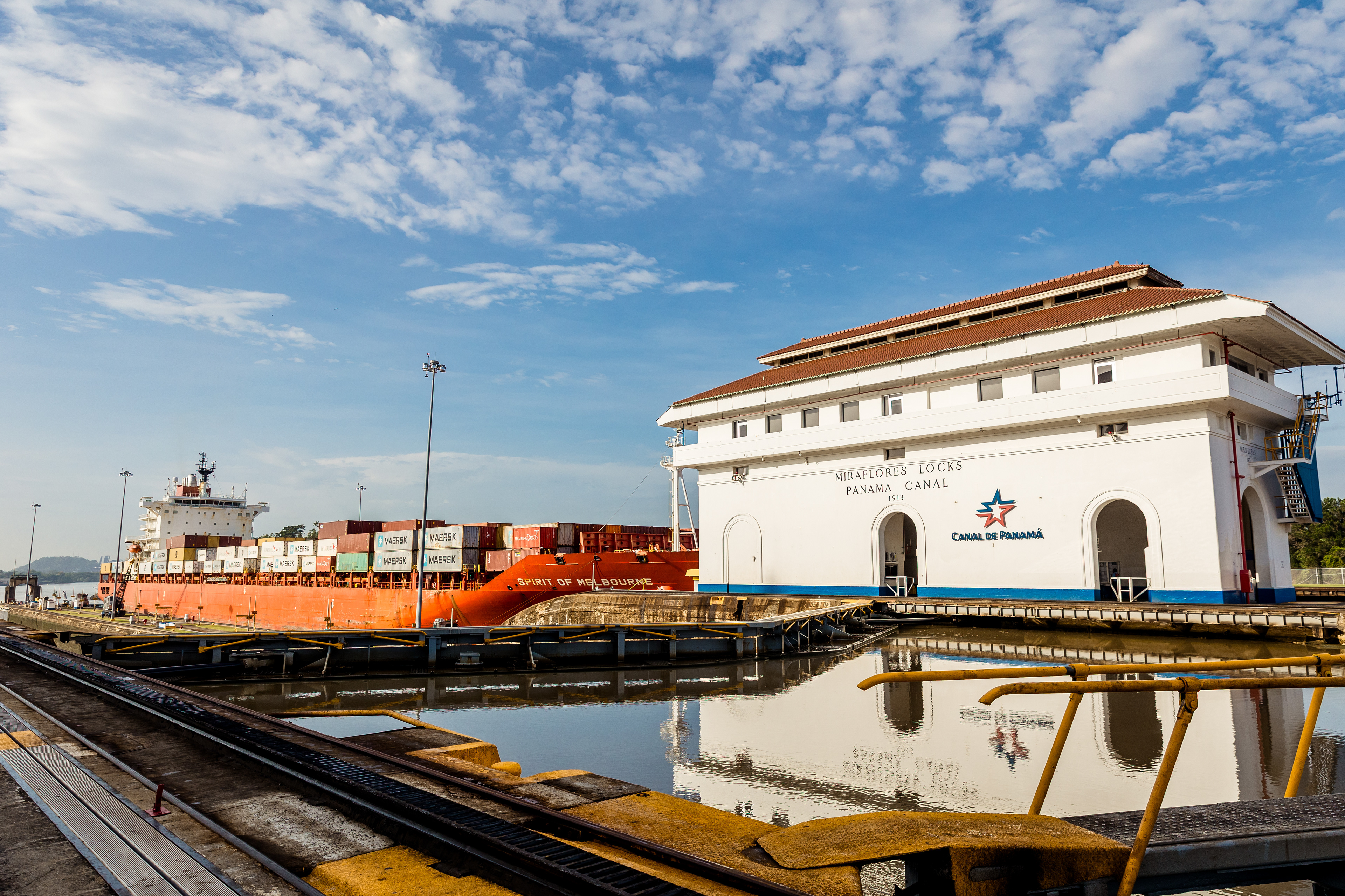 A cargo ship passes through the Miraflores Locks, entering from the Pacific Ocean en route to the Atlantic, beginning an 8 to 10 hour journey through the Panama Canal. Panama City, Panama. July 21, 2025.