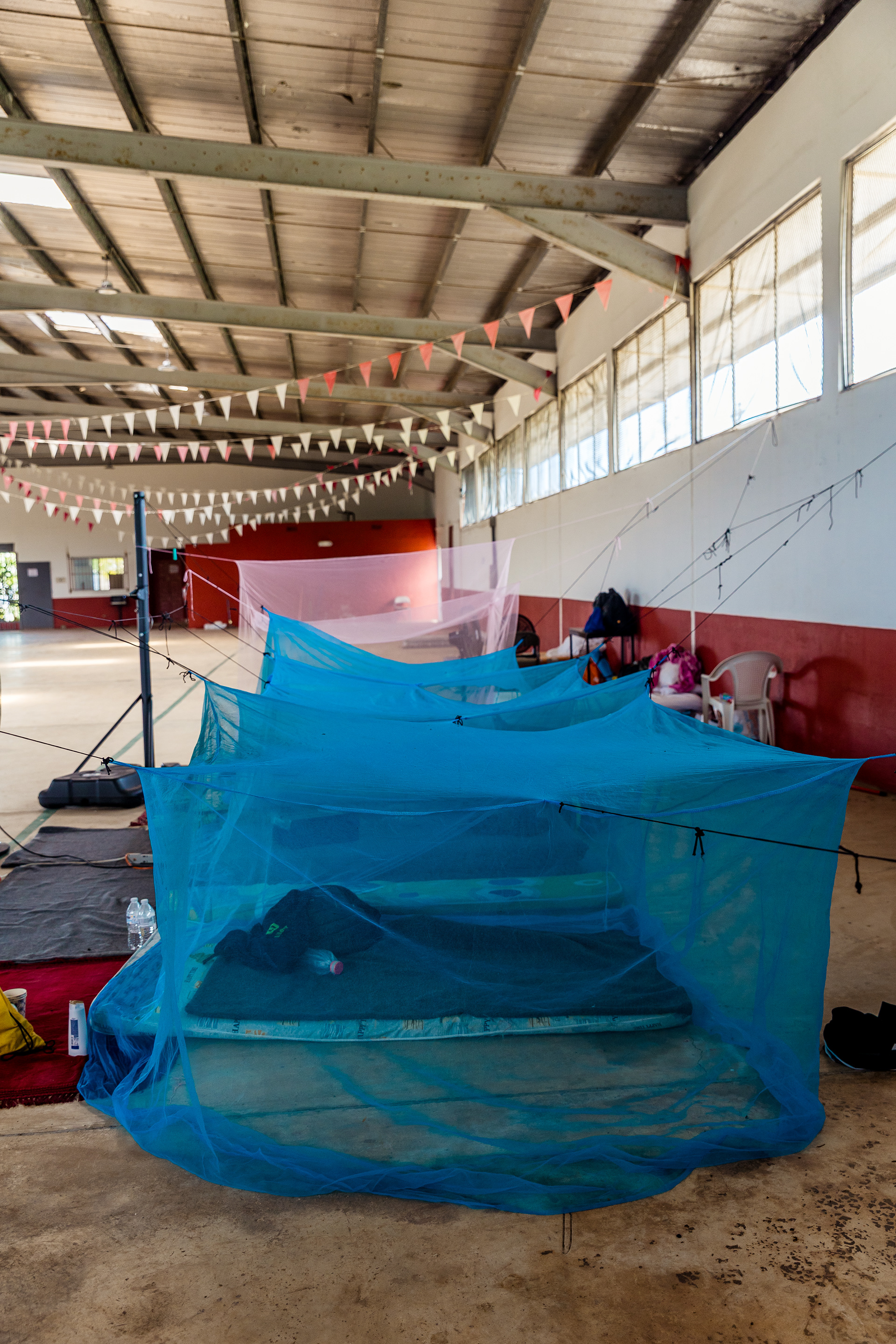 Sleeping area at the Fe y Alegría shelter, where migrants expelled from the U.S. and relocated to Panama under the Trump administration’s 2025 deportation policy are temporarily housed. Panama City, Panama.July 26, 2025.