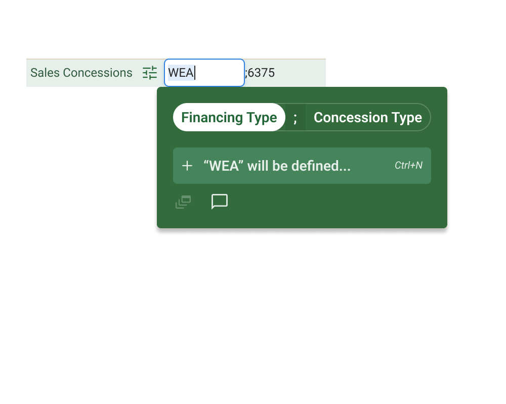  Adding new parameters works differently. Because this happens during active appraisal work, it's handled through the data entry flow rather than through settings. On-the-fly creation is treated as part of building the report. The distinction between "setup" and "in-session work" is deliberate and consistent throughout the grid.