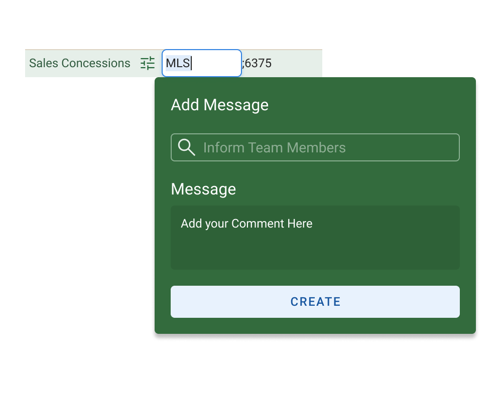 The message button lets appraisers flag a cell for a teammate's review without leaving the grid.