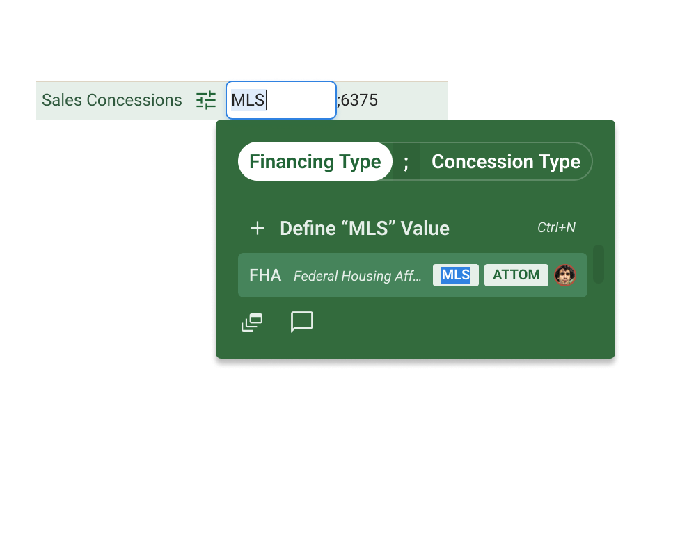 The data entry popover lets appraisers search for values from connected databases such as MLS sources, industry-defined standards, or entries previously logged by teammates. From the same popover, they can propagate a value across all columns or flag the cell with a contextual message to a teammate.