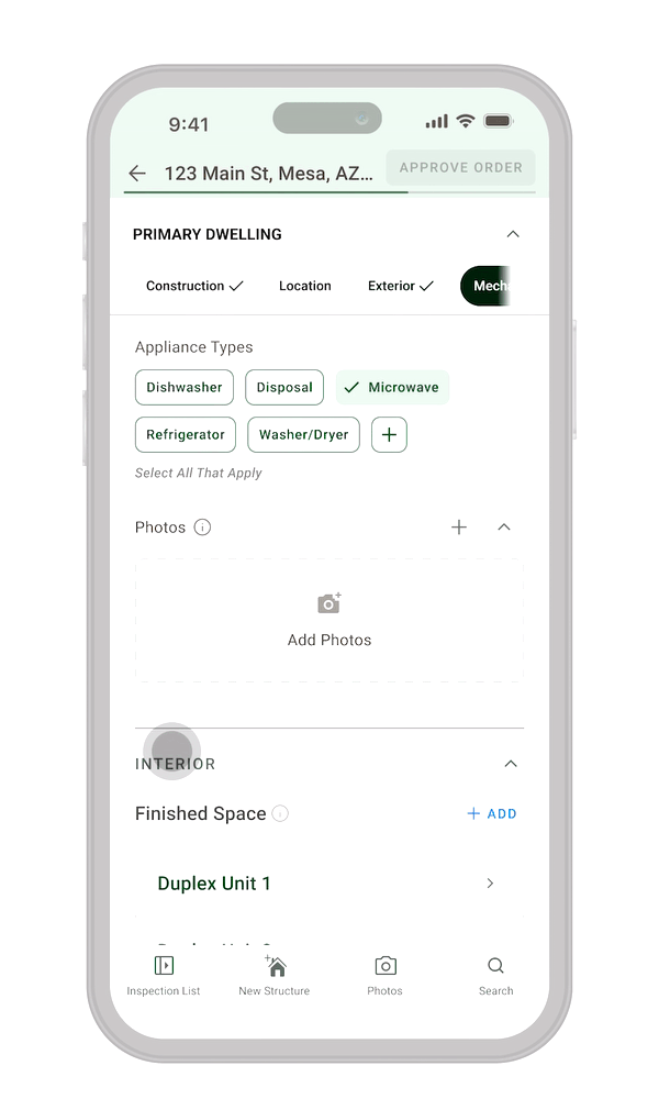 TrueSpark mobile app interface for logging property features on site.