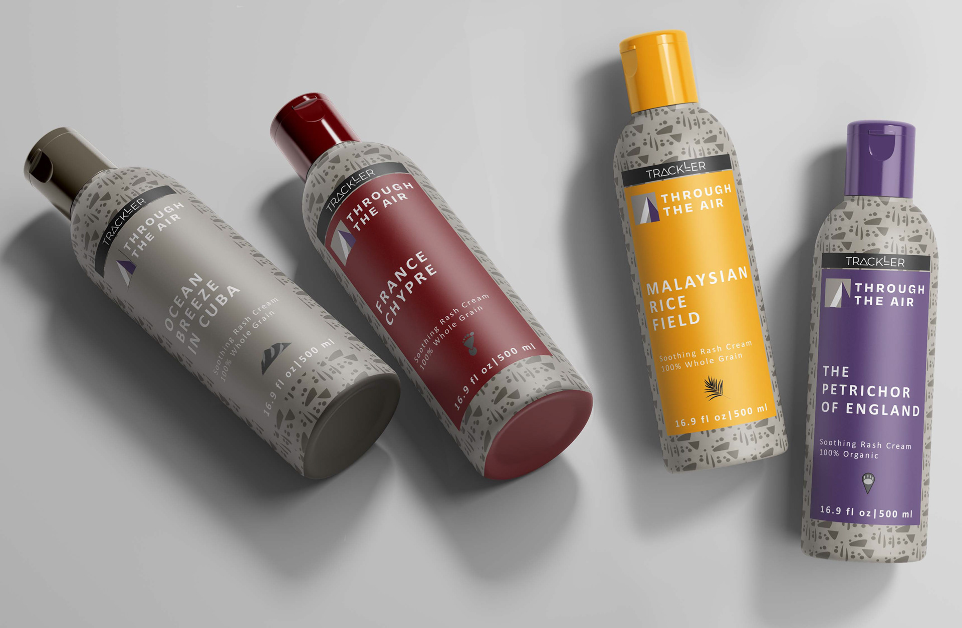 For this product design, I decided to create a series of rash creams, a must-have for outdoor enthusiasts. In the midst of the travel limitations brought about by the COVID-19 pandemic, I've named this product line "Through the Air." Each rash cream is infused with scents inspired by different places around the world, such as 'ocean breeze in Cuba,' 'France Chypre,' 'Malaysian rice field,' and 'the petrichor of England.' The idea is to transport users to various destinations through these scents, allowing them to experience a sense of global travel without leaving their homes.