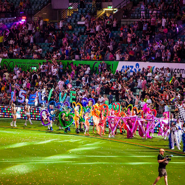 Colours of Our Community float 115 in action during the 2021 Sydney Mardi Gras Parade held at the Sydney Cricket Ground. Photo by Markham Lane.