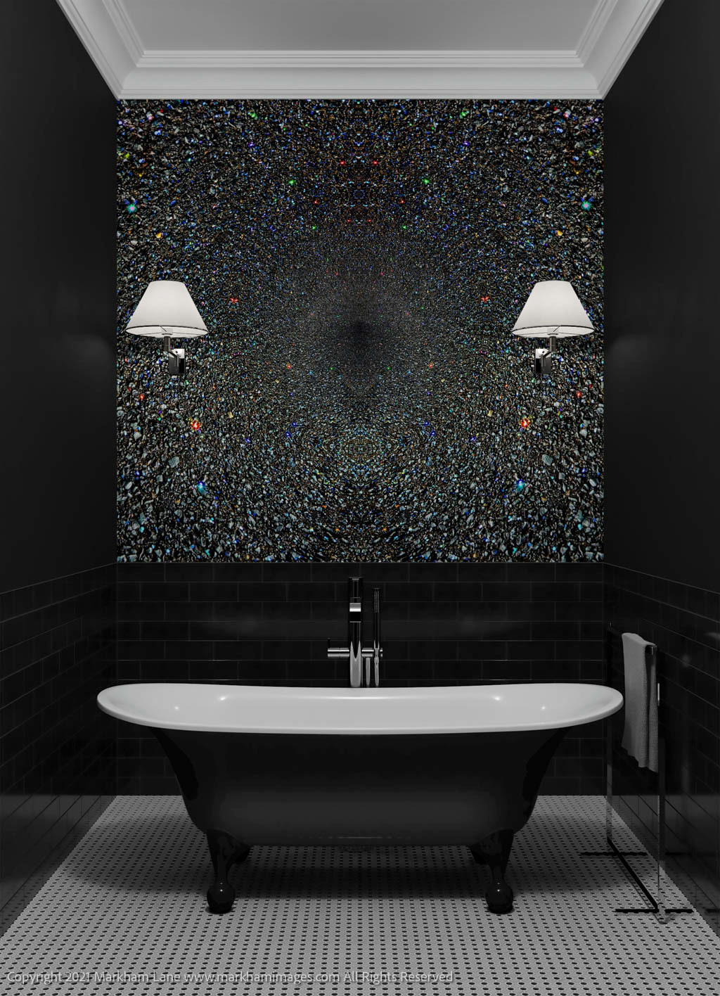 Taking an original artwork print from Markham Lane's Intergalactic Vortex collection and use it as wallpaper or custom printed resin tiles.