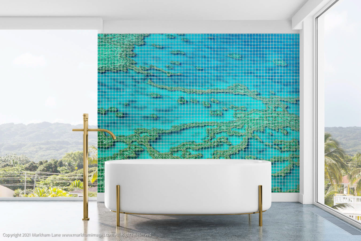 Printed resin tiled bathroom wall, customised using an aerial photo of the Great Barrier Reef by Markham Lane.
