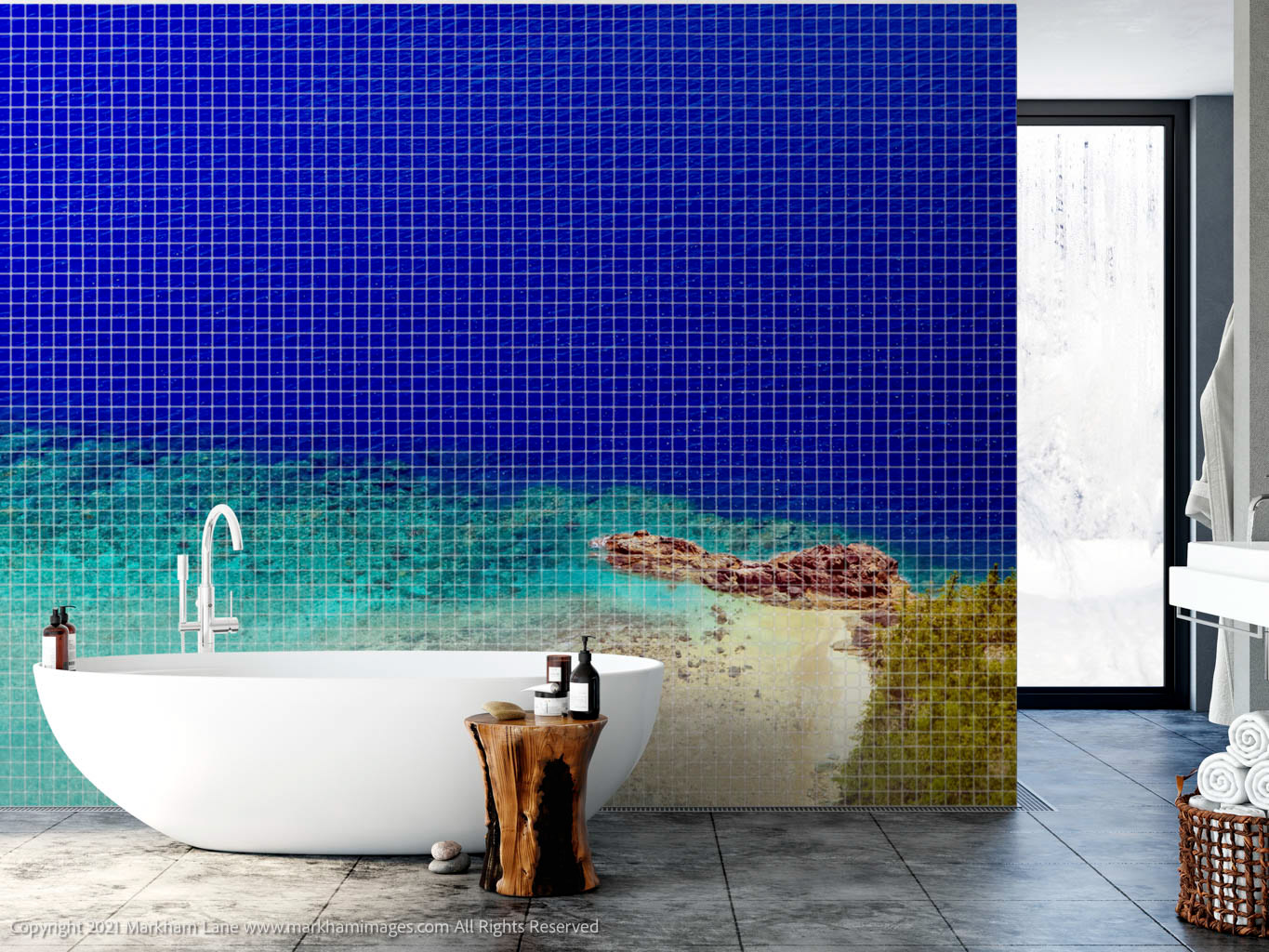Taking an interior design approach to your bathroom tiles using custom printed mosaic tiles, using imagery by photographer Markham Lane.