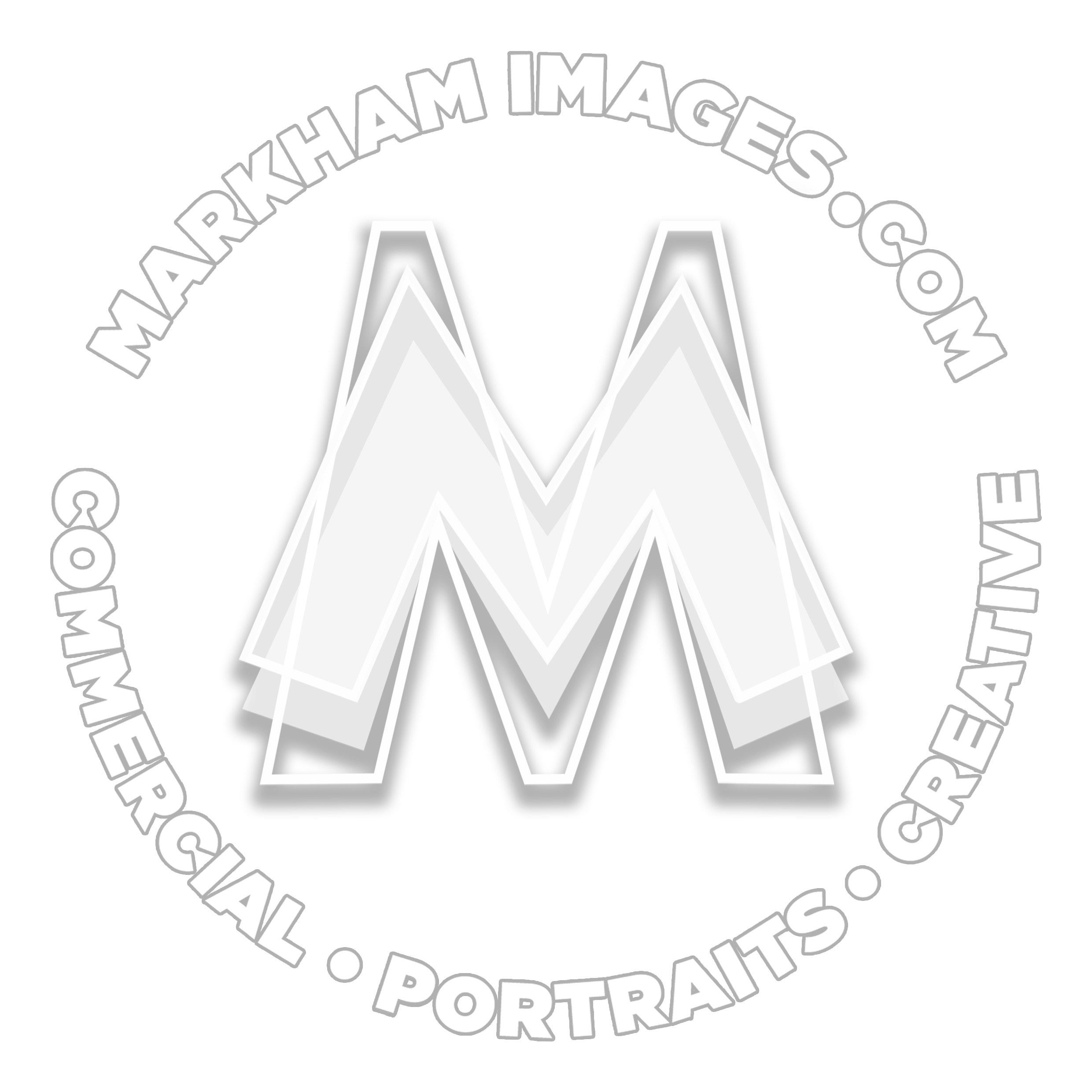 The logo for Markham Images is a three-layer M symbol in white surrounded by bold white text in a circular formation, with the website address detailed at the top, and the three words describing the services at the bottom, being commercial, portraits, and creative. In the background a full colour spectrum wheel emanates from the centre point out to the edges of the logo container. The Markham Images logo is a working trademark for M Visions Au Pty Ltd ABN 77 091 248 663, since 2010..