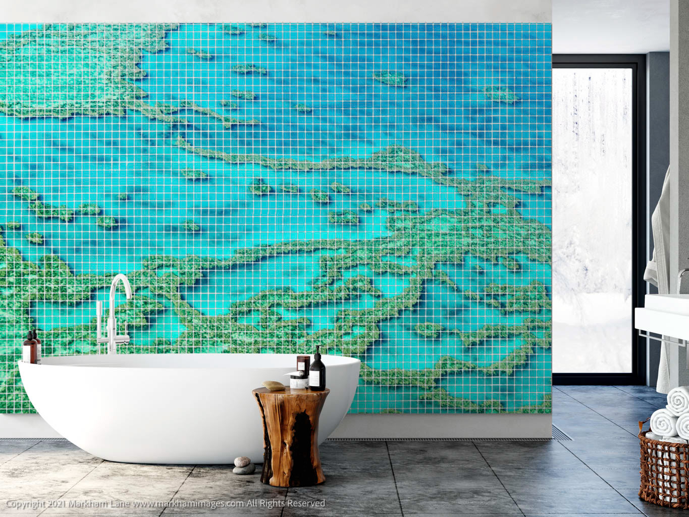 Creating a spa like feel is this custom printed mosaic bathroom wall using lightweight and durable resin tiles and an aerial photo by photographer Markham Lane.