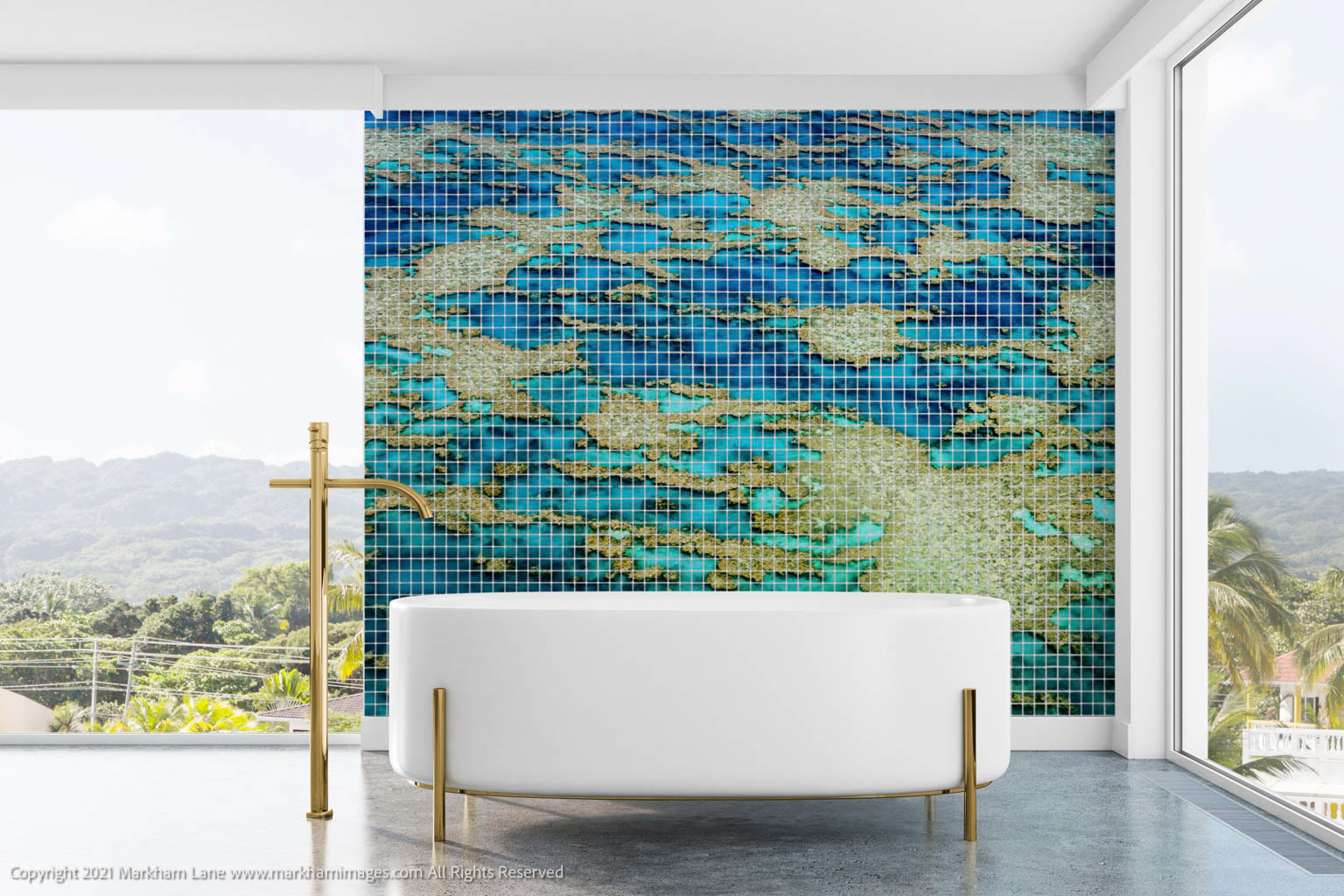 Custom designed bathroom mosaic tiled wall using an original aerial photo by photographer Markham Lane and printed onto resin tiles.