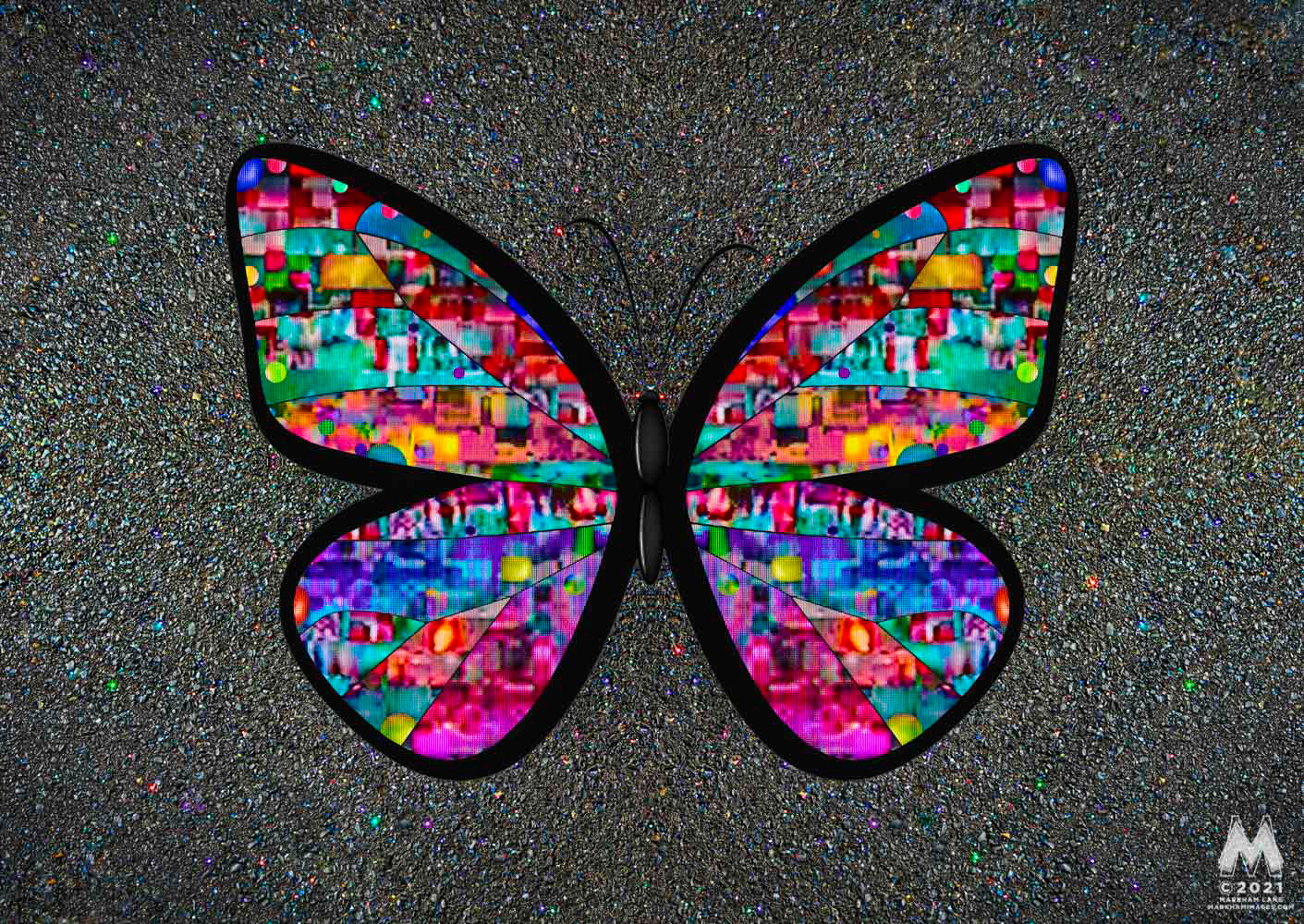 A colourful butterfly on a background of bitumen and glitter is displayed as a digital artwork by Markham Lane.