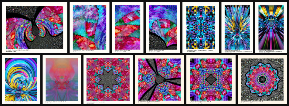 A thumbnail preview collection of thirteen image frames from Markham Lane's 2021 digital art and technology series Abstractica.