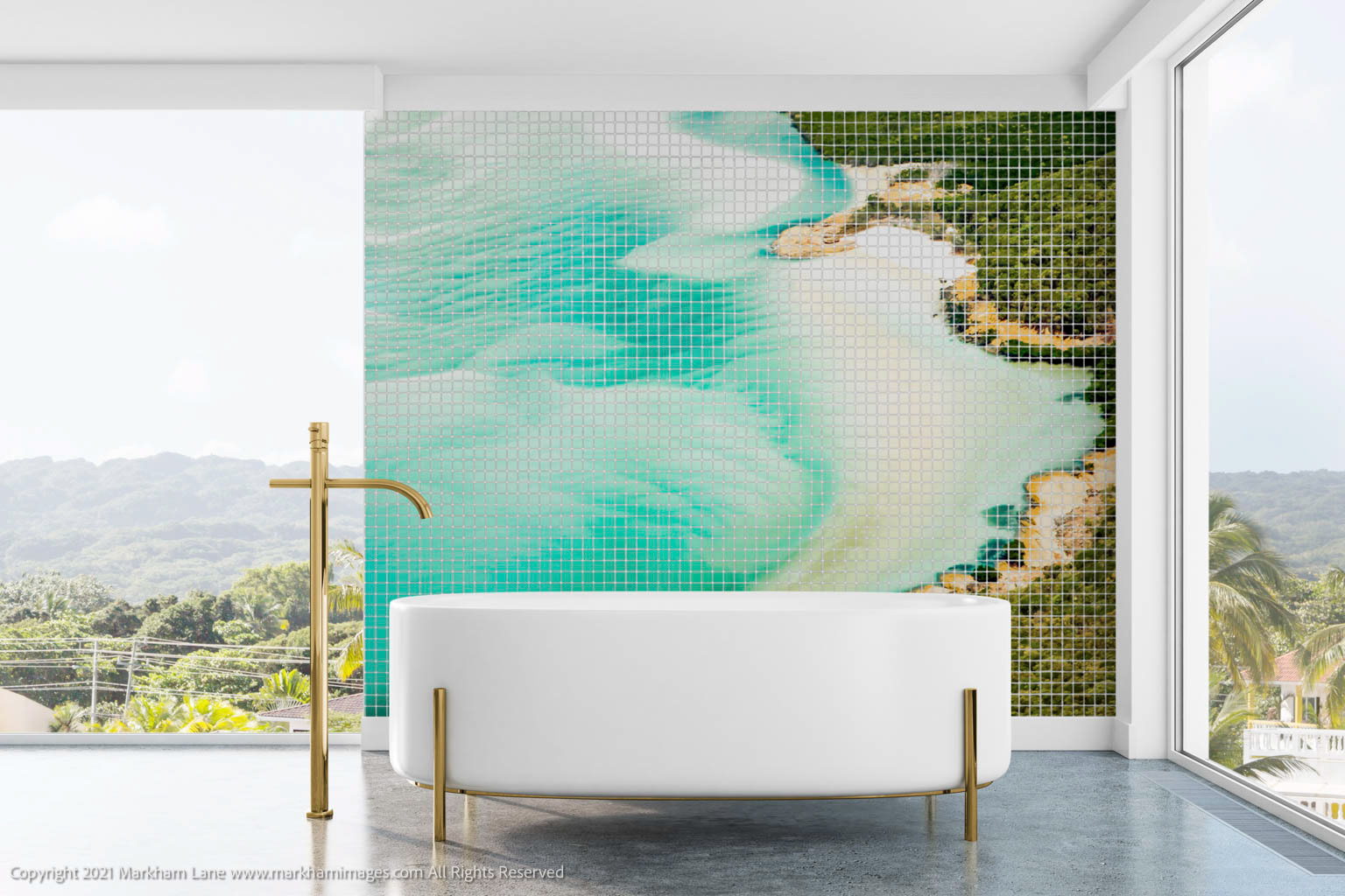 Using an aerial photo of Whitehaven Beach in the Whitsunday Islands, shot by photographer Markham Lane and designed into this tiled bathroom wall.