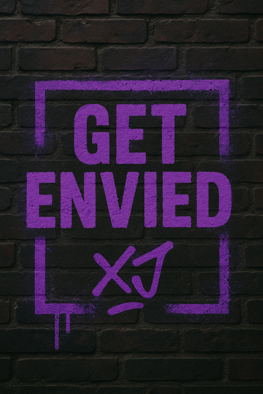 Graffiti-style purple typography reading 'Get Envied' on a dark brick wall background, representing the bold visual identity and brand strategy of Xander Jam Designs.