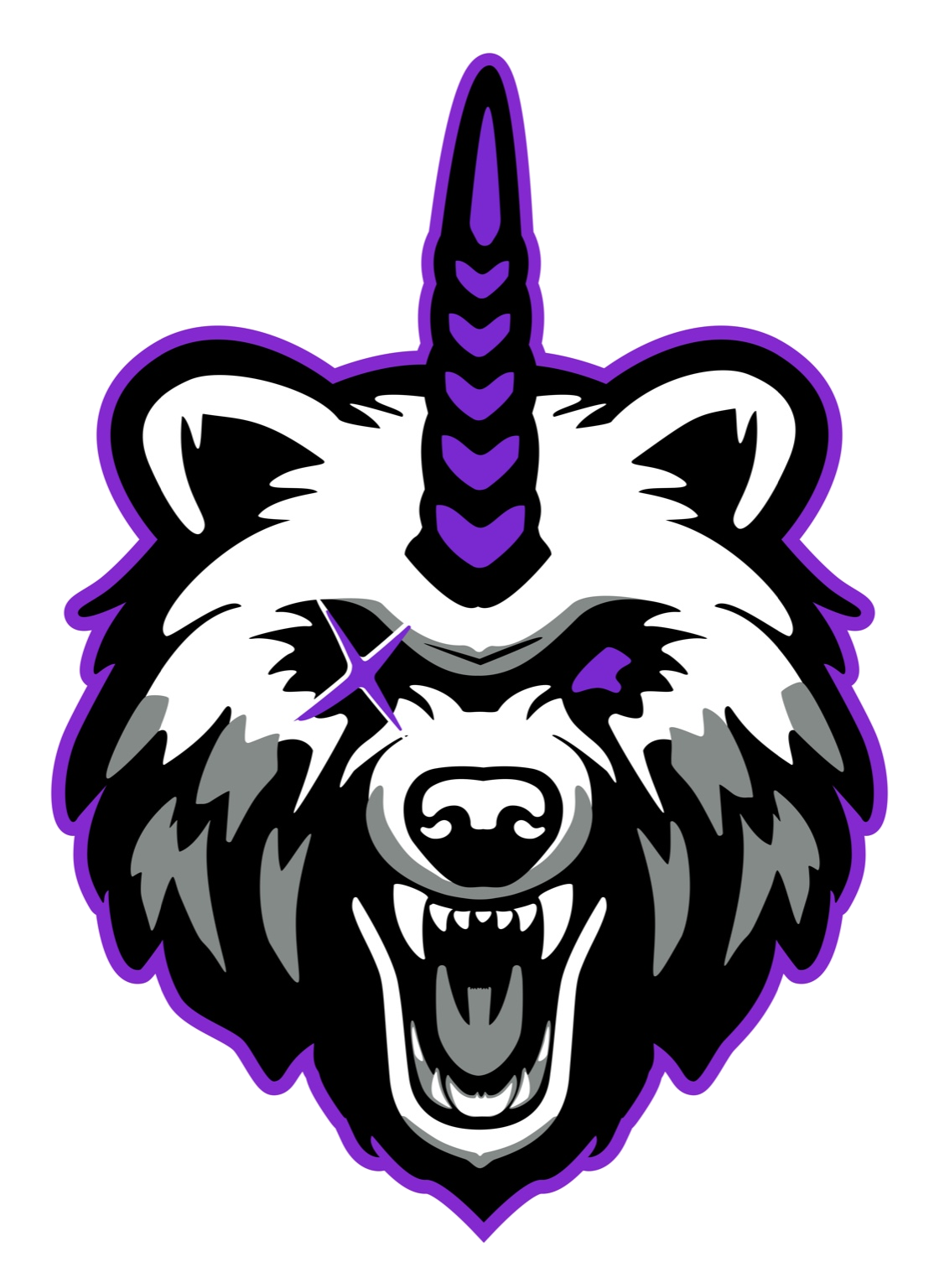 A purple and white logo of an aggressive bear mascot with a unicorn horn and a scarred-out X over one eye, designed with heavy outlines for a professional sports brand.