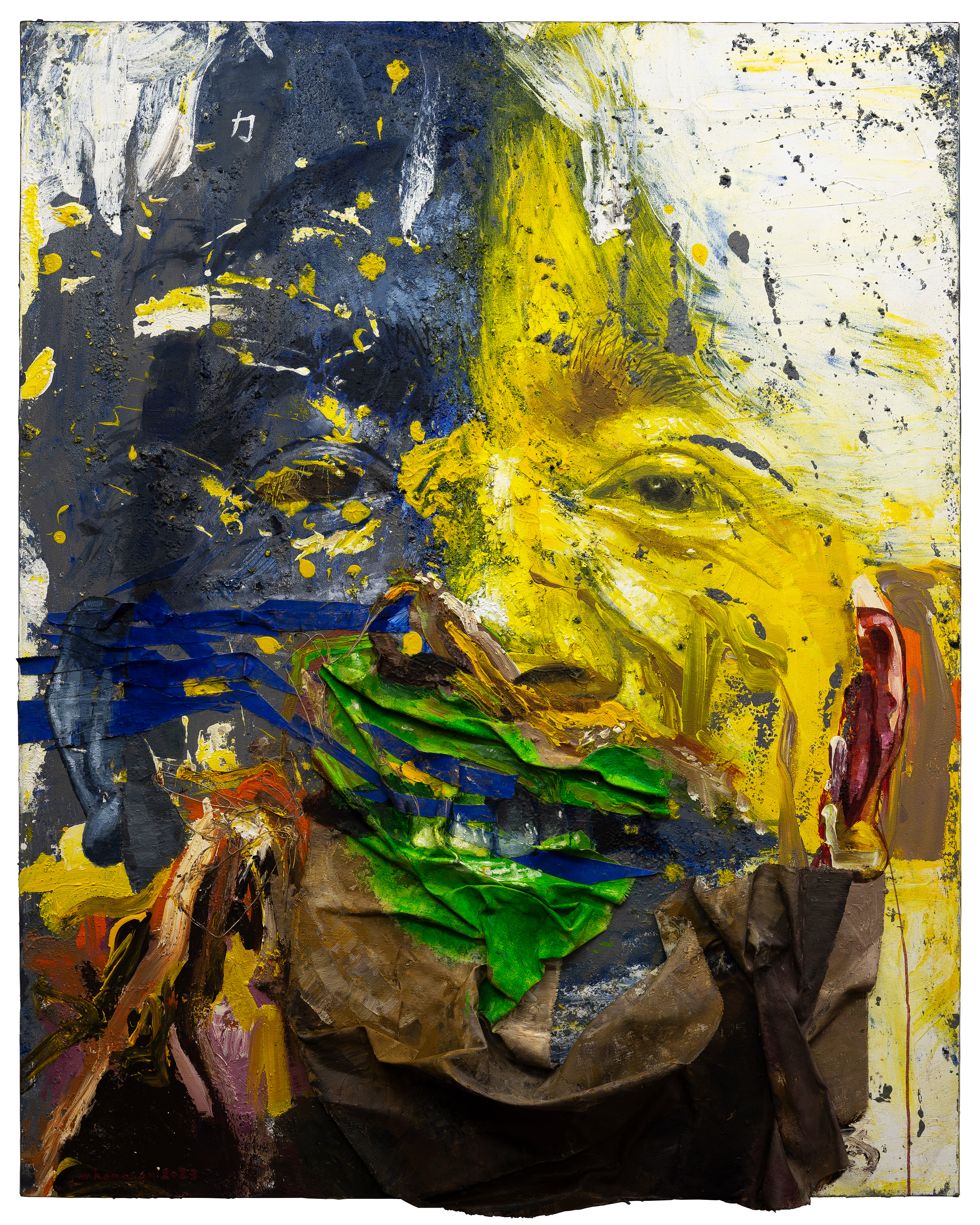 力 (ちから, Chikara, Power) / acrylic, aerosol paint, and shaped fabric strips on canvas / 145.2 cm. x 121.9 cm. / 2023