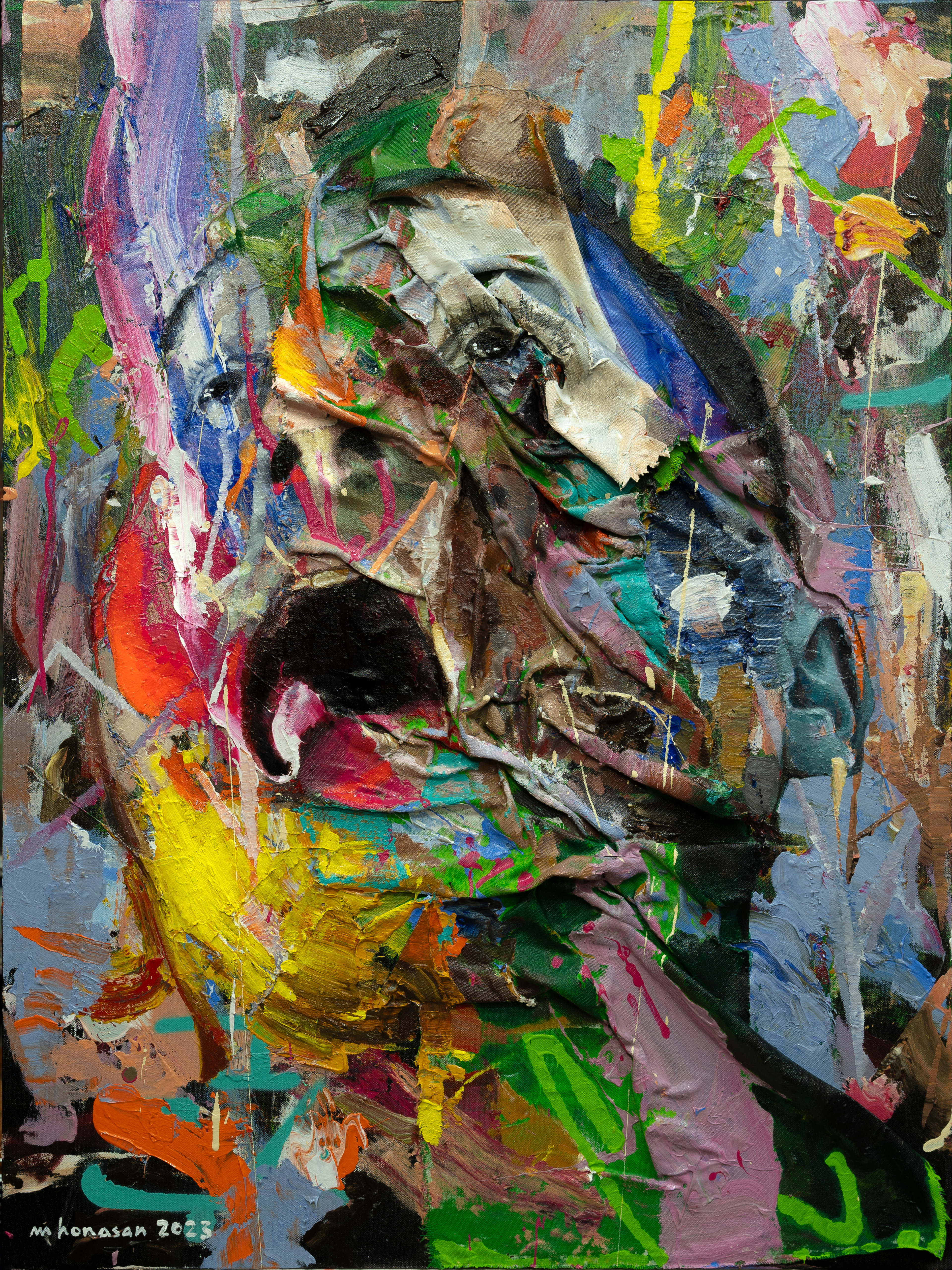 雨 (あめ, Ame, Rain) / acrylic, aerosol paint, and shaped fabric strips on canvas / 101.6 cm x 76.2 cm / 2023