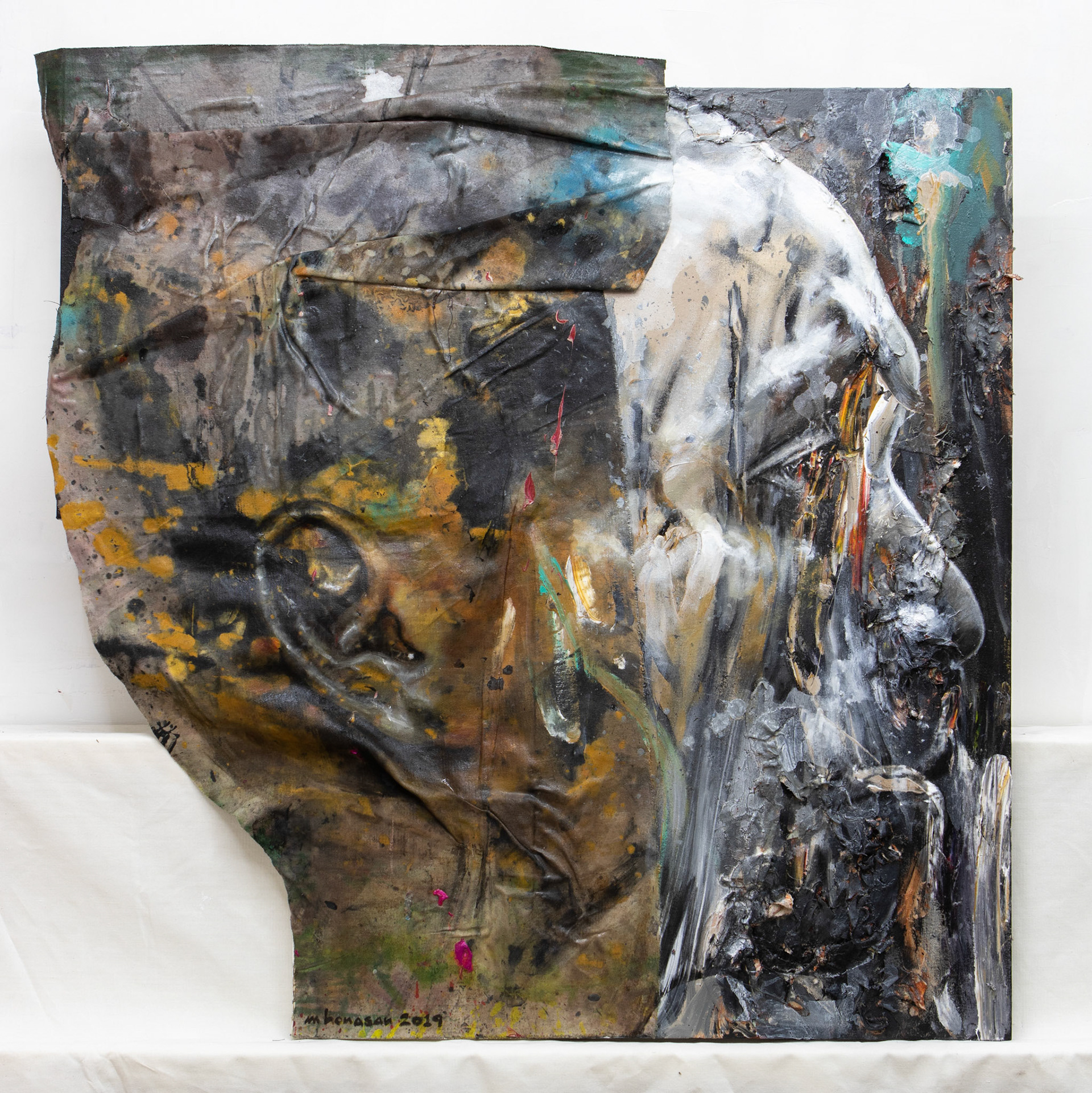“Teacher” mixed media on shaped canvas 24” x 24” , 48” x 24”, 12” x 12”