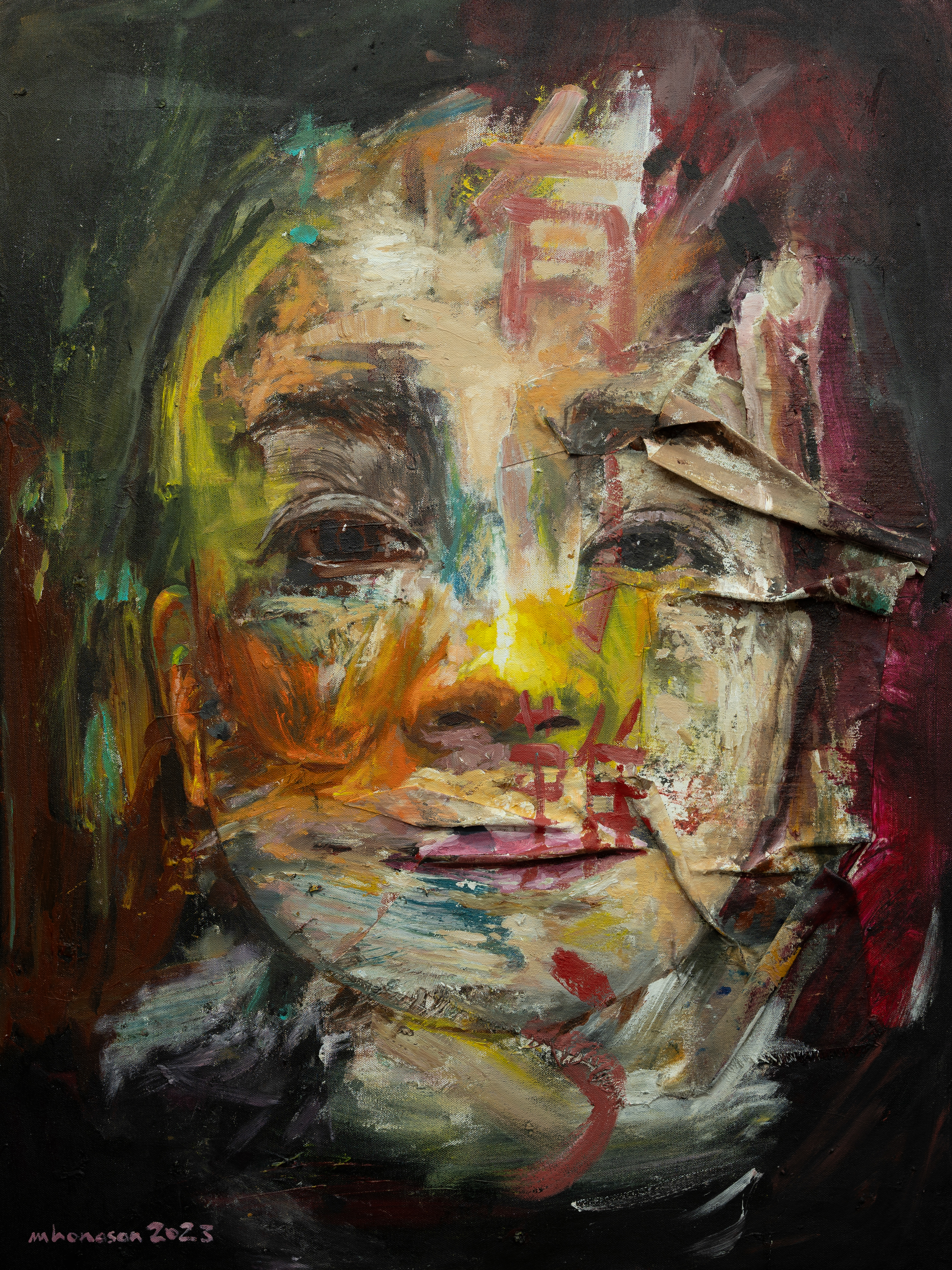 有 (ゆう, Existence) / acrylic, aerosol paint, and shaped fabric strips on canvas / 101.6 cm x 76.2 cm / 2023