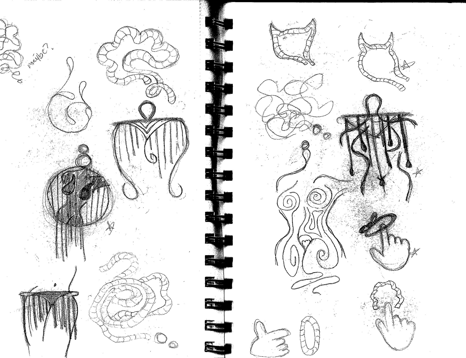 Two pages of pencil sketches of possible logo ideas