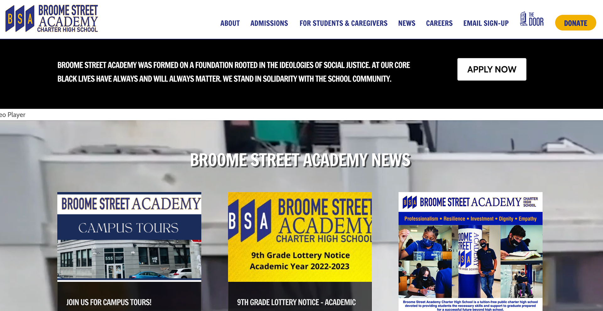 Old homepage, Broome Street Academy (BSA) website
