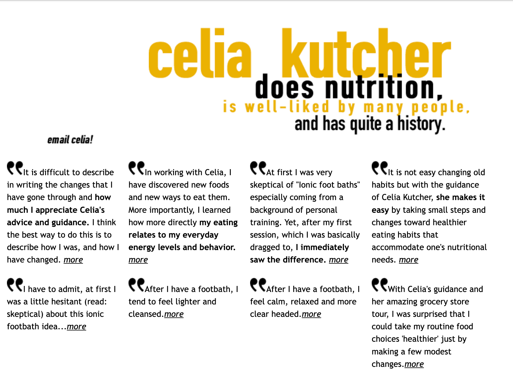 Celia Kutcher nutrition site, Testimonials page