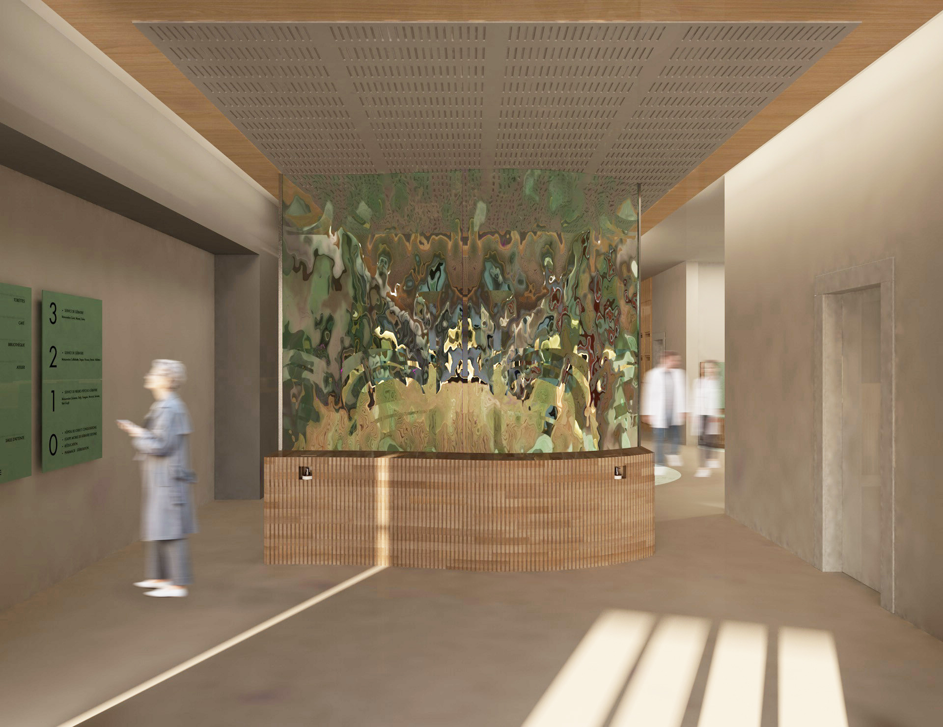 Entrée, kiosque à informations & signalétique de l'hôpital