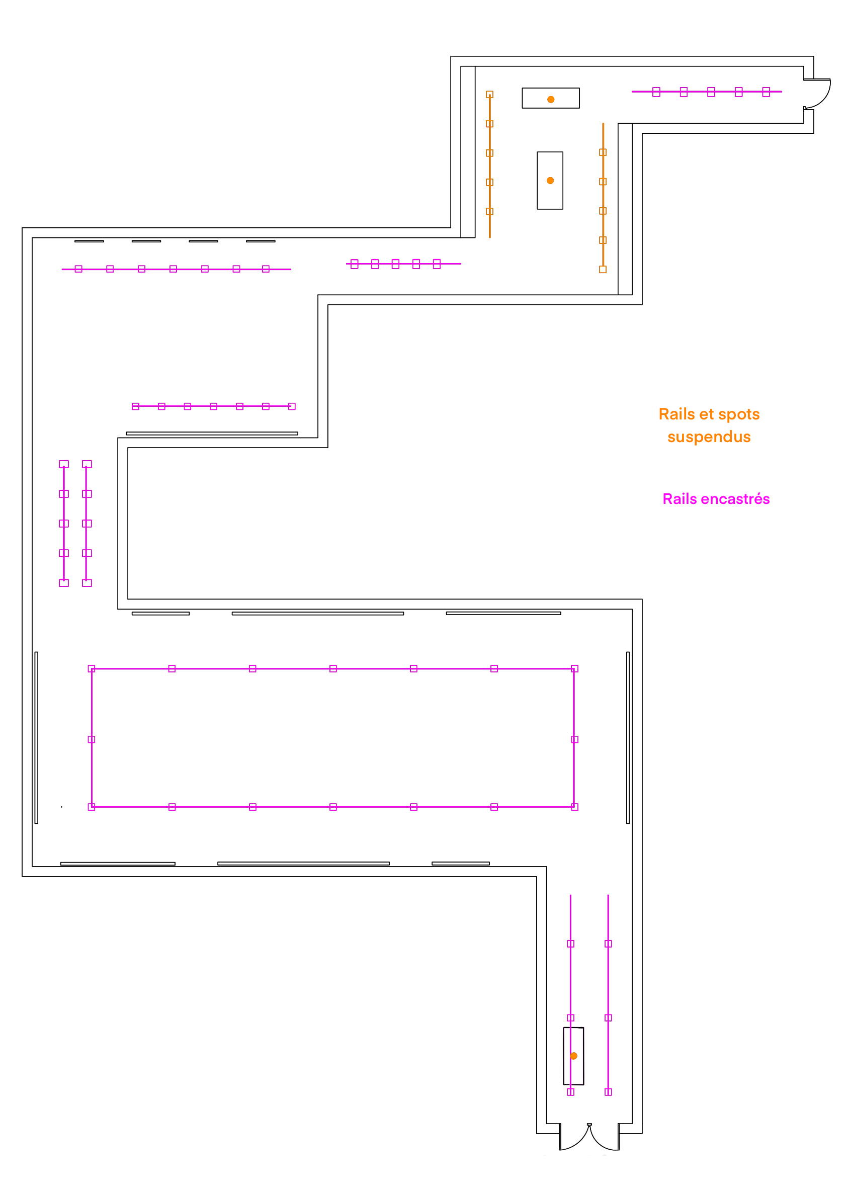 disposition de rails (encastrés ou suspendus) et de spots